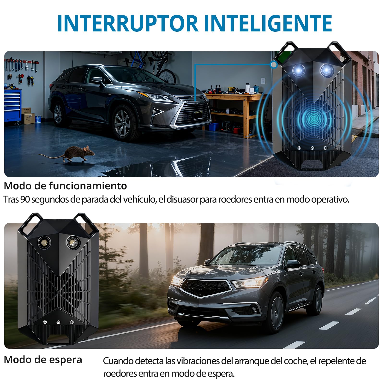 AUTOUTLET Repelente de Ratas Ultrasonico Coche 18-36kHz Ultrasónico Repelente de Martas con Luz LED Intermitente, Alimentar con Baterías AAA, Batería de Coche o USB Start-Stop para Ratones