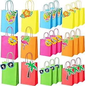24 Set Hawaiian Luau Party Favors - Hibiscus Paper Bags & Flower Lei Garlands For Tropical Theme