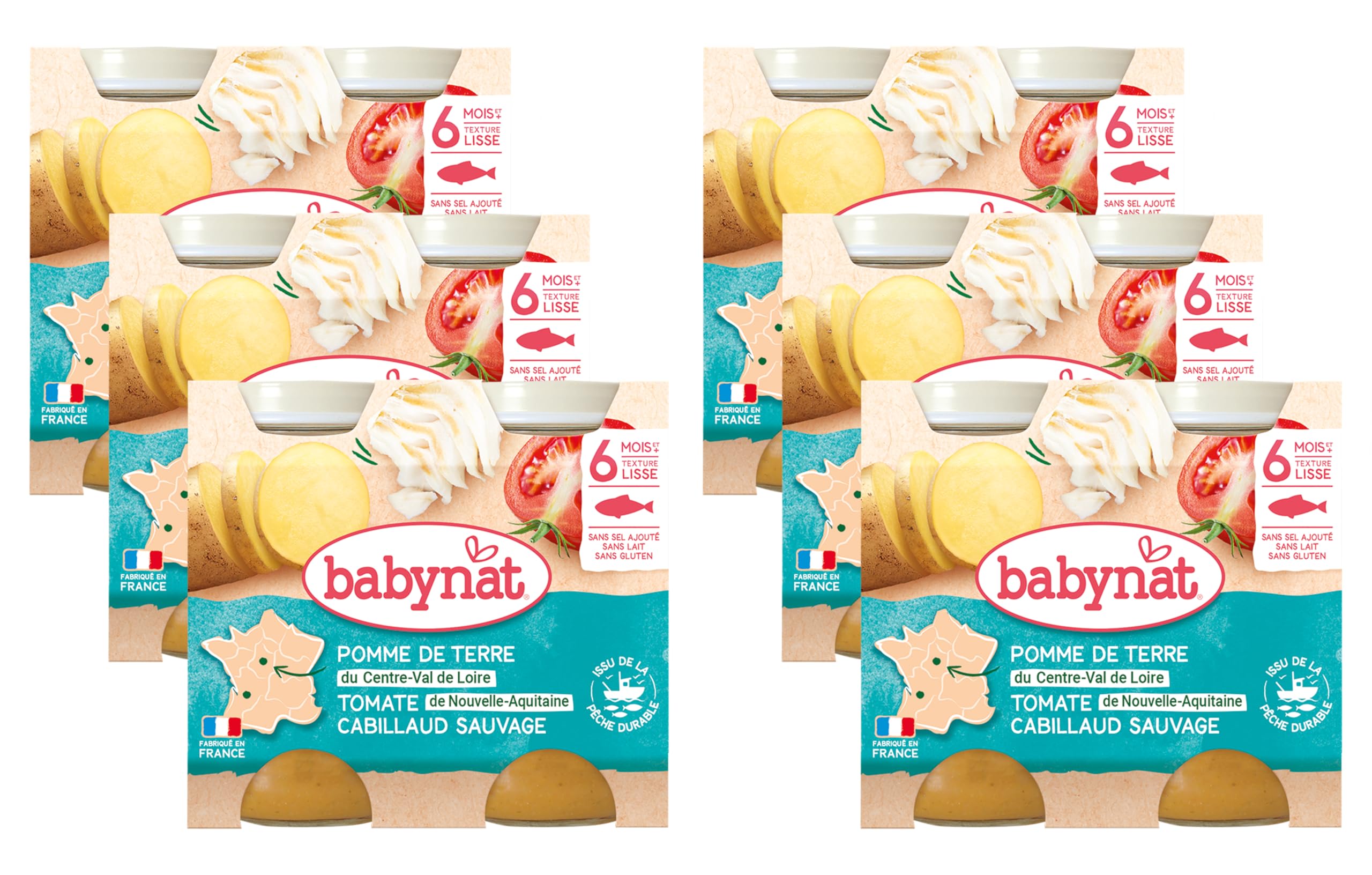 Babybio - Petits Pots Pomme de Terre du Val de Loire Cabillaud 2x200 g - 6+ Mois - BIO - Lot de 6