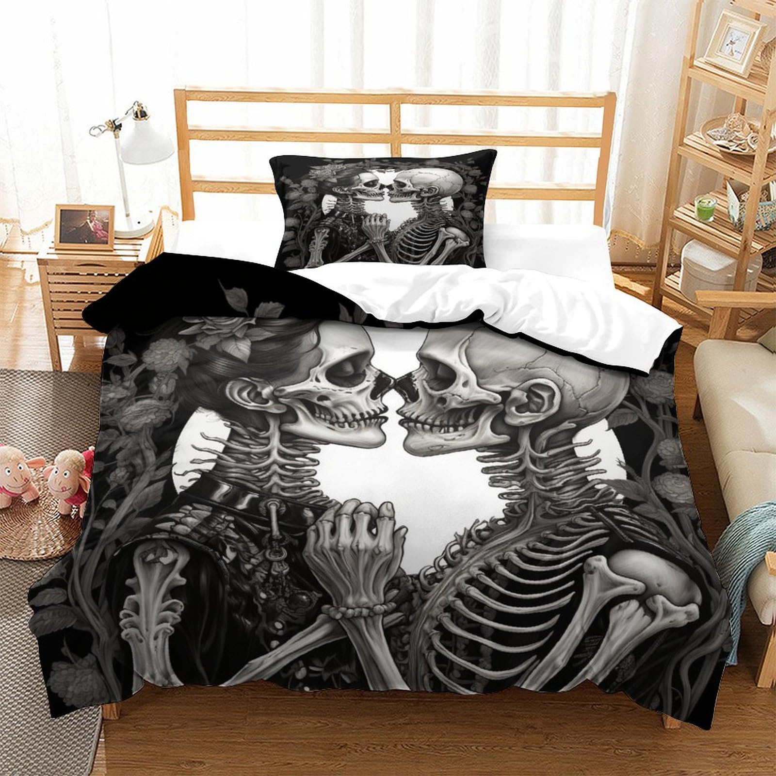 P1S9U7W5Y 3D Printed Gothic Skeleton Duvet Cover Set 3pcs Microfiber Lovers Skull Bedding Set Single
