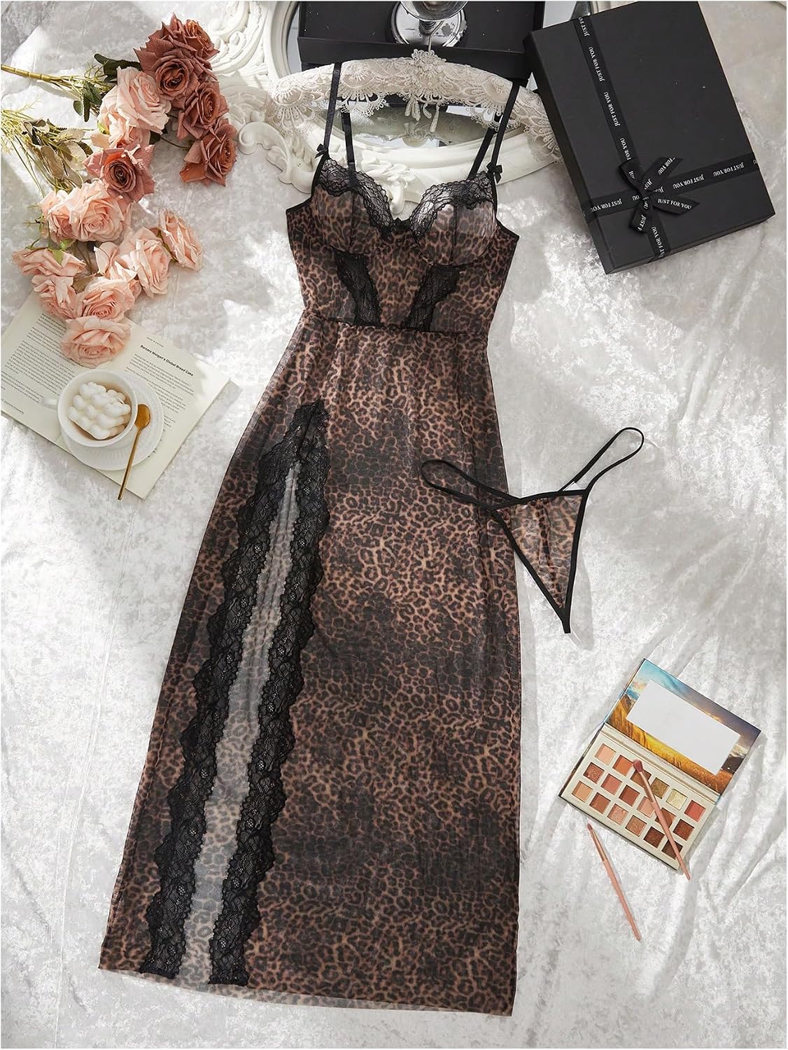 SHENHE Women's Leopard Lingerie Lace Babydoll Long Nightdress High Slit Sheer Nightgown