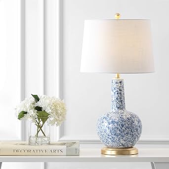 Eyely EYL5051A Cameron 30" Ceramic/Iron Classic Cottage LED Table Lamp for Reading Room, Living Room, Office, Bedroom, Glam, Traditional, Transitional, Blue/White