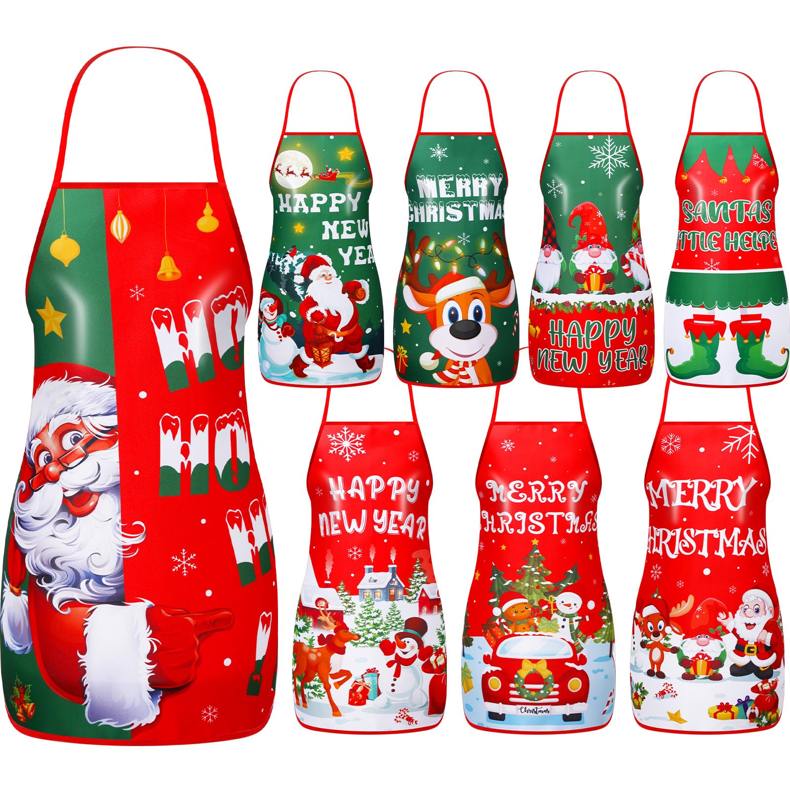 Kigeli 8 Pieces Christmas Kitchen Cooking Apron Adjustable Holiday Santa Claus Snowman Apron for Women Holiday Decoration(Cute)