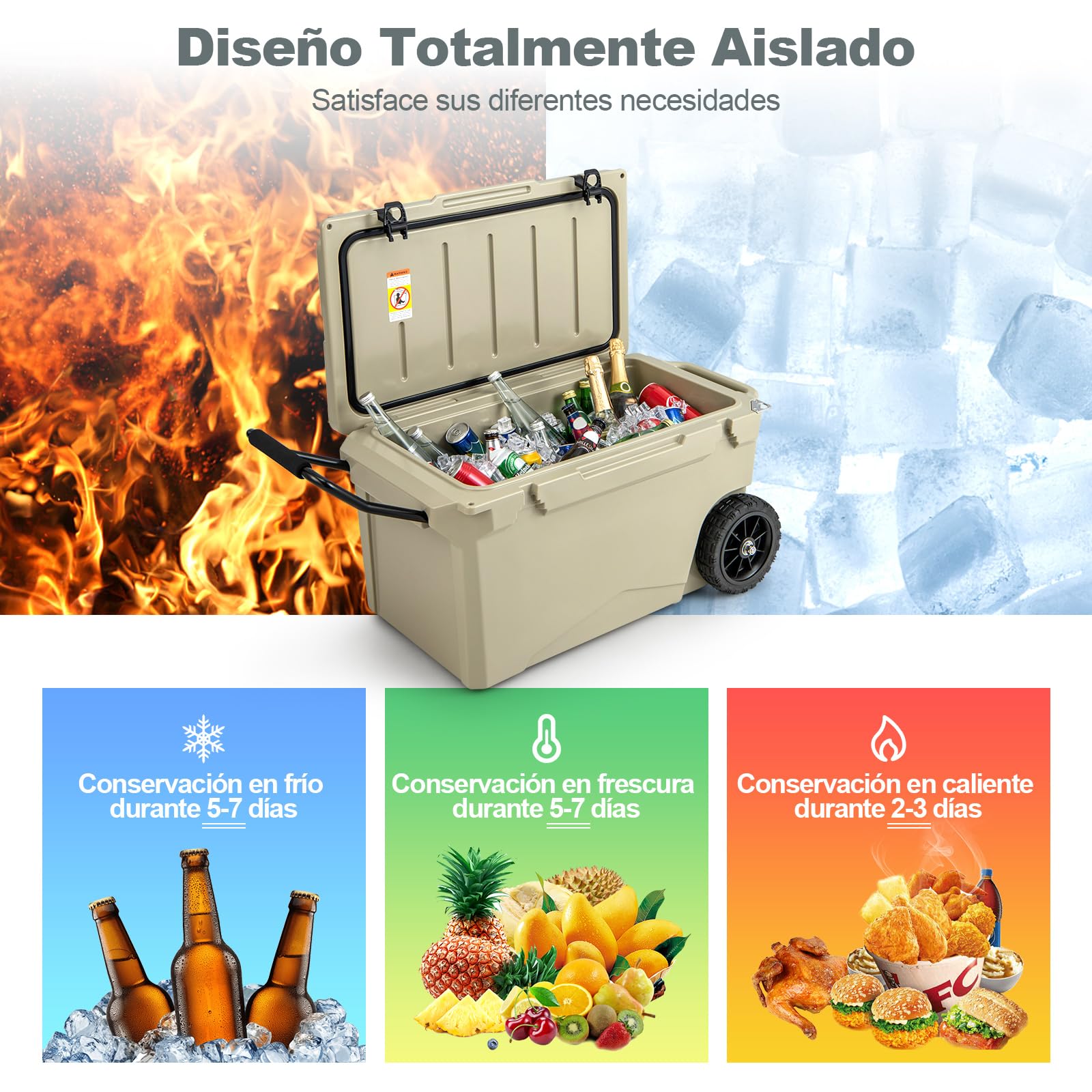 GYMAX Nevera portátil con ruedas de 71 l, refrigerador aislado con almohadillas antideslizantes para los pies, 2 asas y orificio de drenaje, caja térmica para camping, viajes y pesca