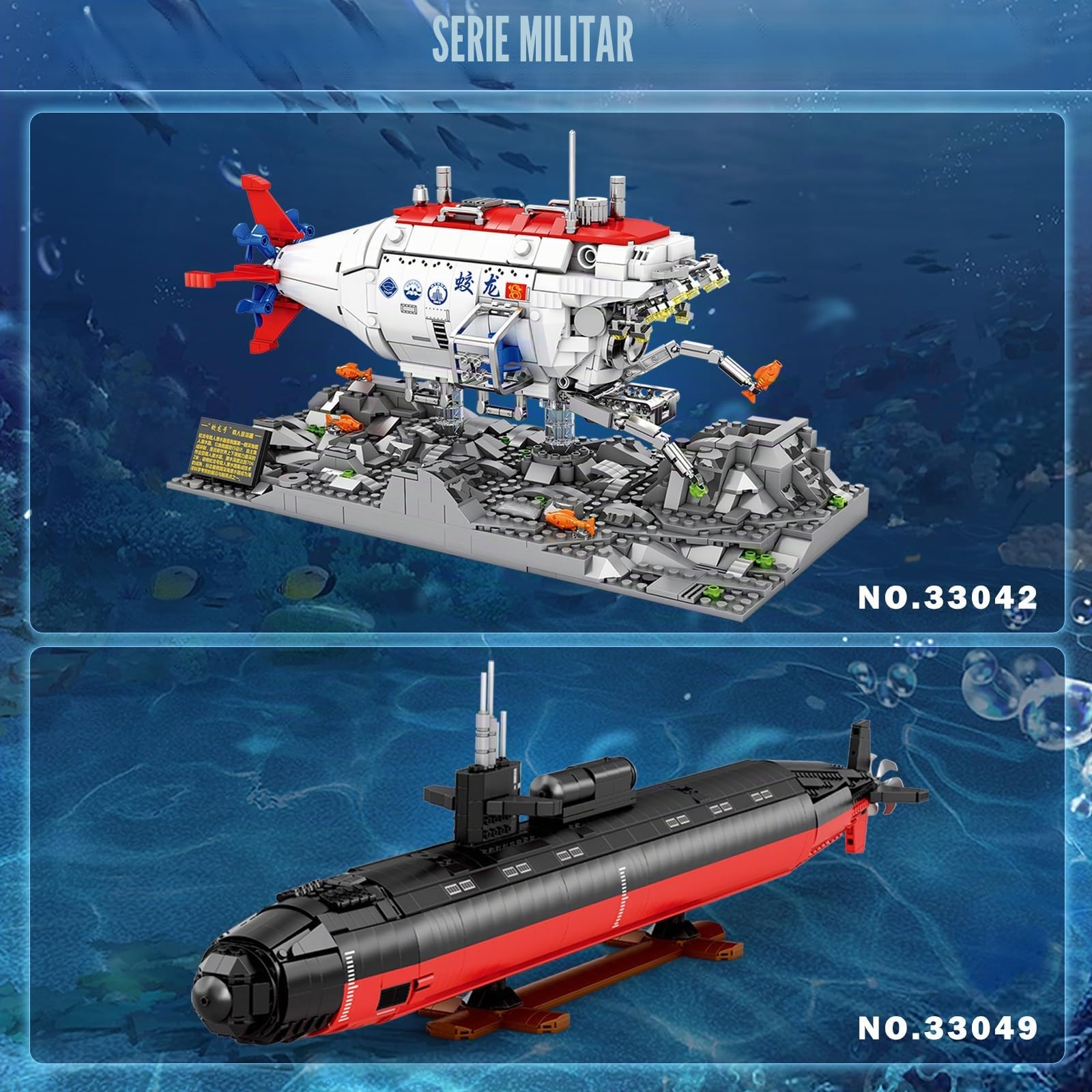 Reobrix Jiaolong - Juego de construcción de submarino para adultos, juguete de barco submarino militar con luces 33042, modelo de buque de guerra decorativo, regalo de juguete militar para más de 14