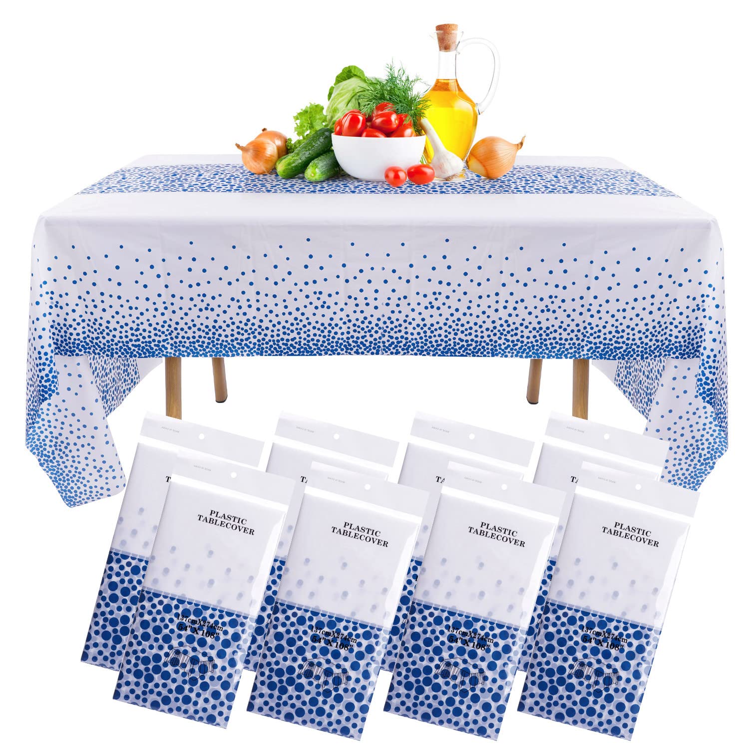 8 Pack Plastic Tablecloths for Rectangle Tables, Blue Table Covers Waterproof Blue Plastic Table Cloth Rose Gold Dot, 54" x 108" Disposable Table Covers for Party Thanksgiving Christmas (8-Park-Blue)