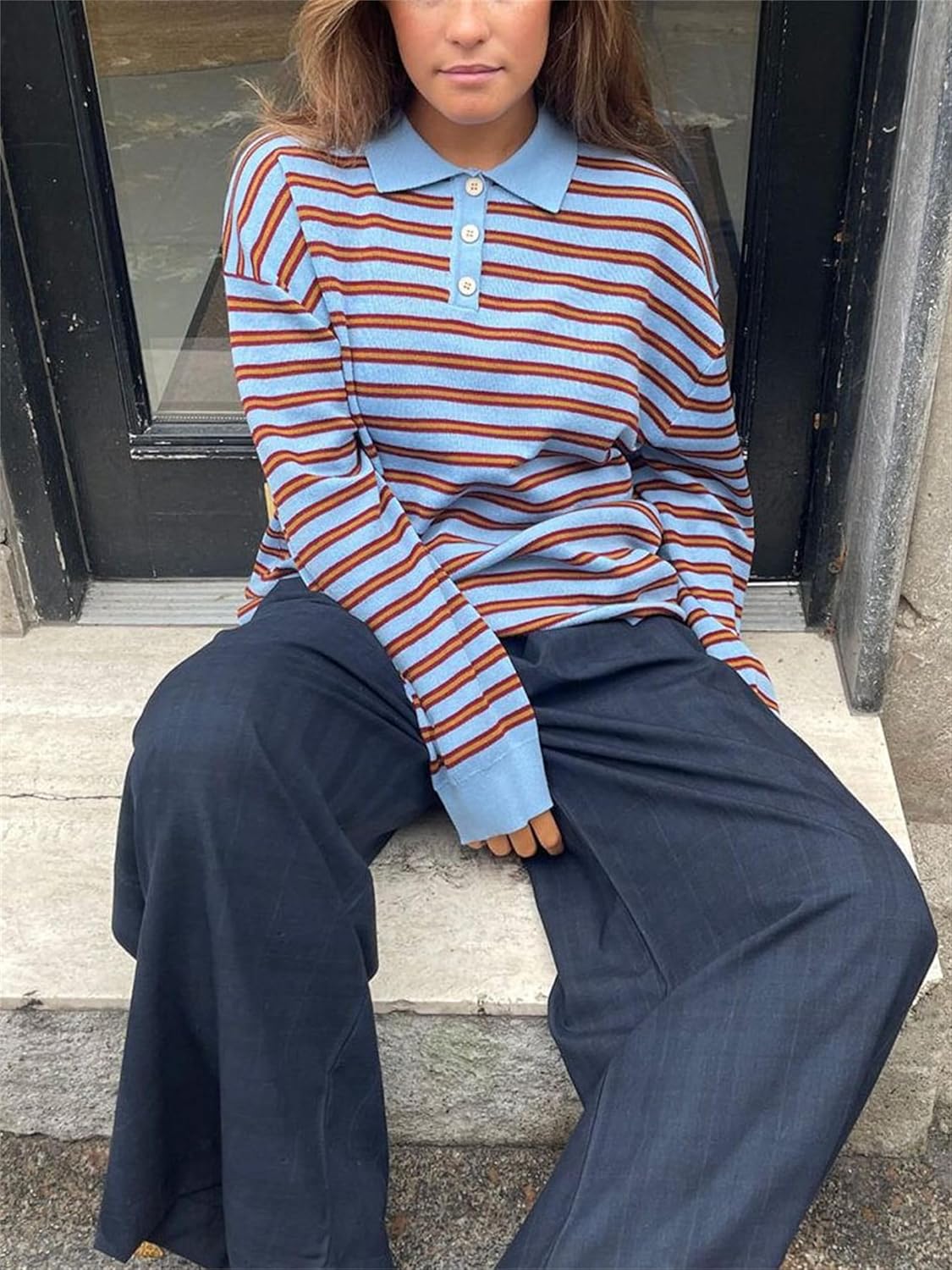 Women Oversied Stripd Rugby Shirt Y2k Long Sleeve Button Collared Preppy Polo Sweater Vintage Aesthetic Streetwear - Image 2