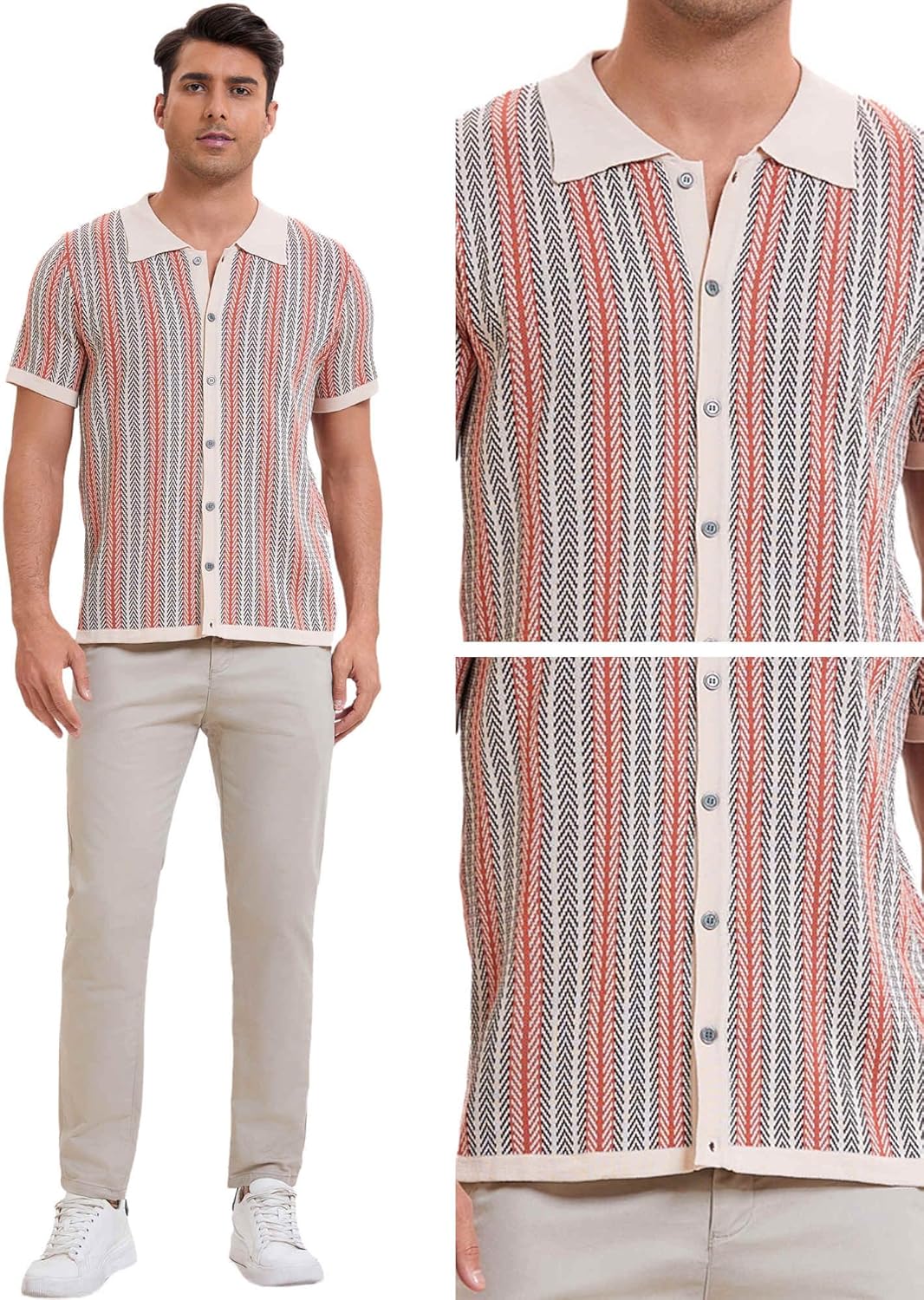 Lars Amadeus Striped Knitted Polo for Men's Summer Short Sleeves Button Down Jacquard Polo Shirts - Image 4