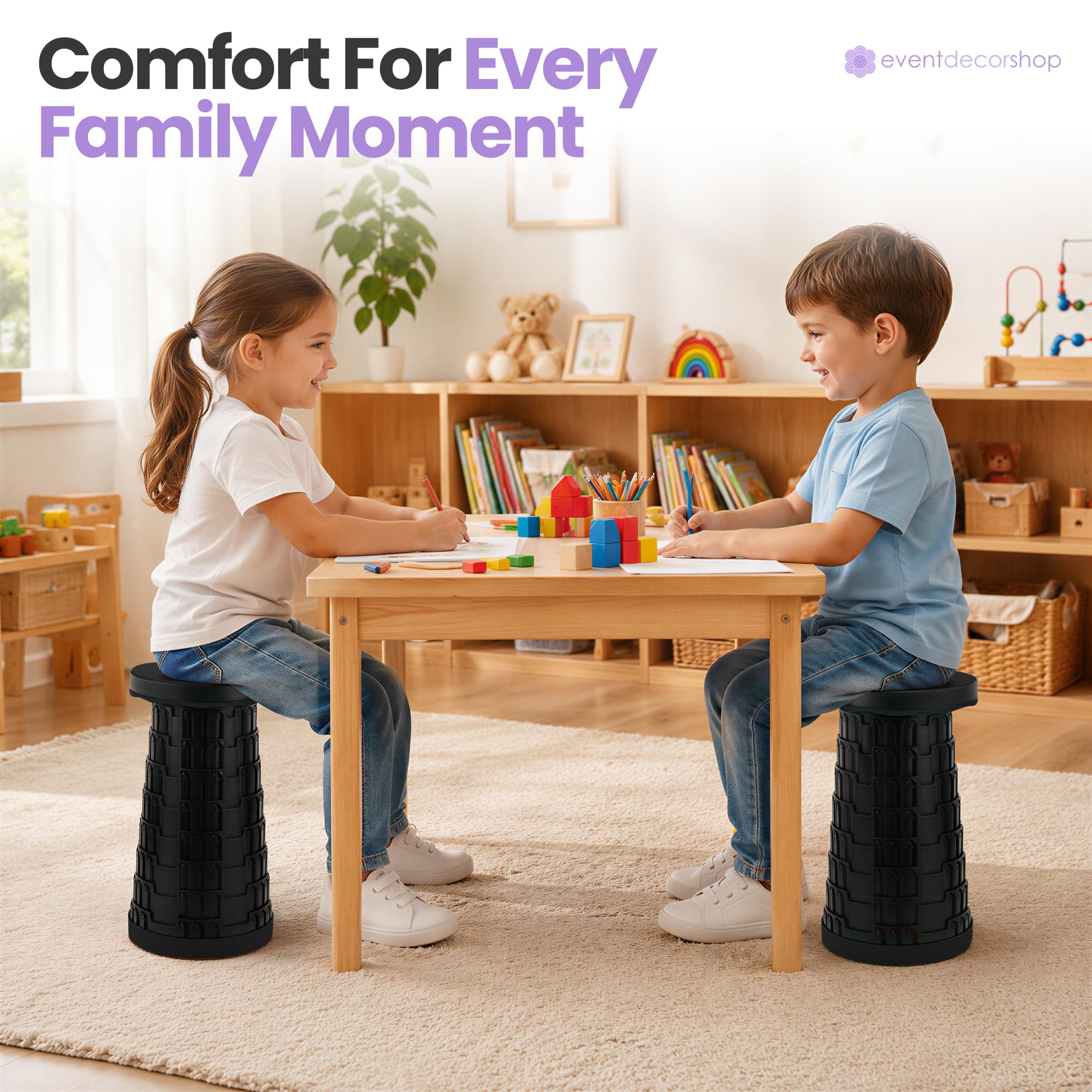 Event Decor Shop Tabouret de camping télescopique pliable 200 kg – Noir, 3 pièces | Siège réglable, tabouret rétractable en plastique haute résistance pour événements et activités en intérieur et en extérieur