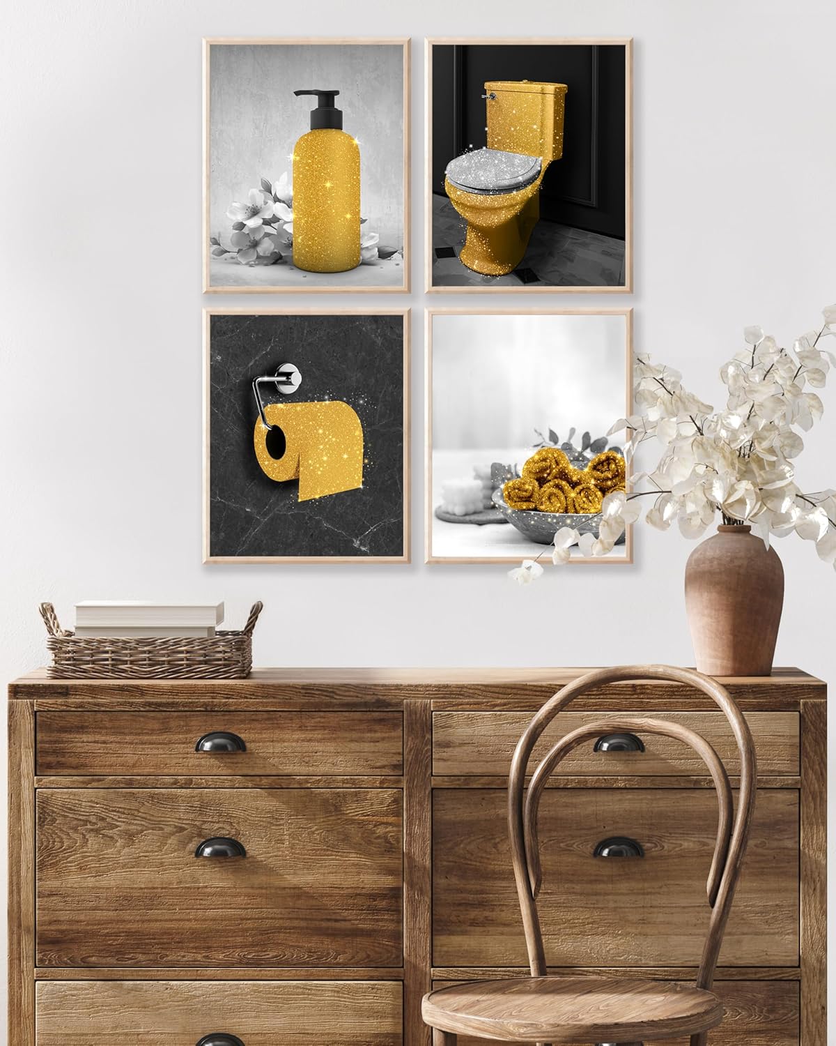 Poster Master 4-Piece Bathroom Accessories Poster - Gold Restroom Print - Trendy Art - Modern Art - Bathroom Wall Decoration - Guest Bath Decorations - Powder Room Wall Decor - 8x10 UNFRAMED Wall Art