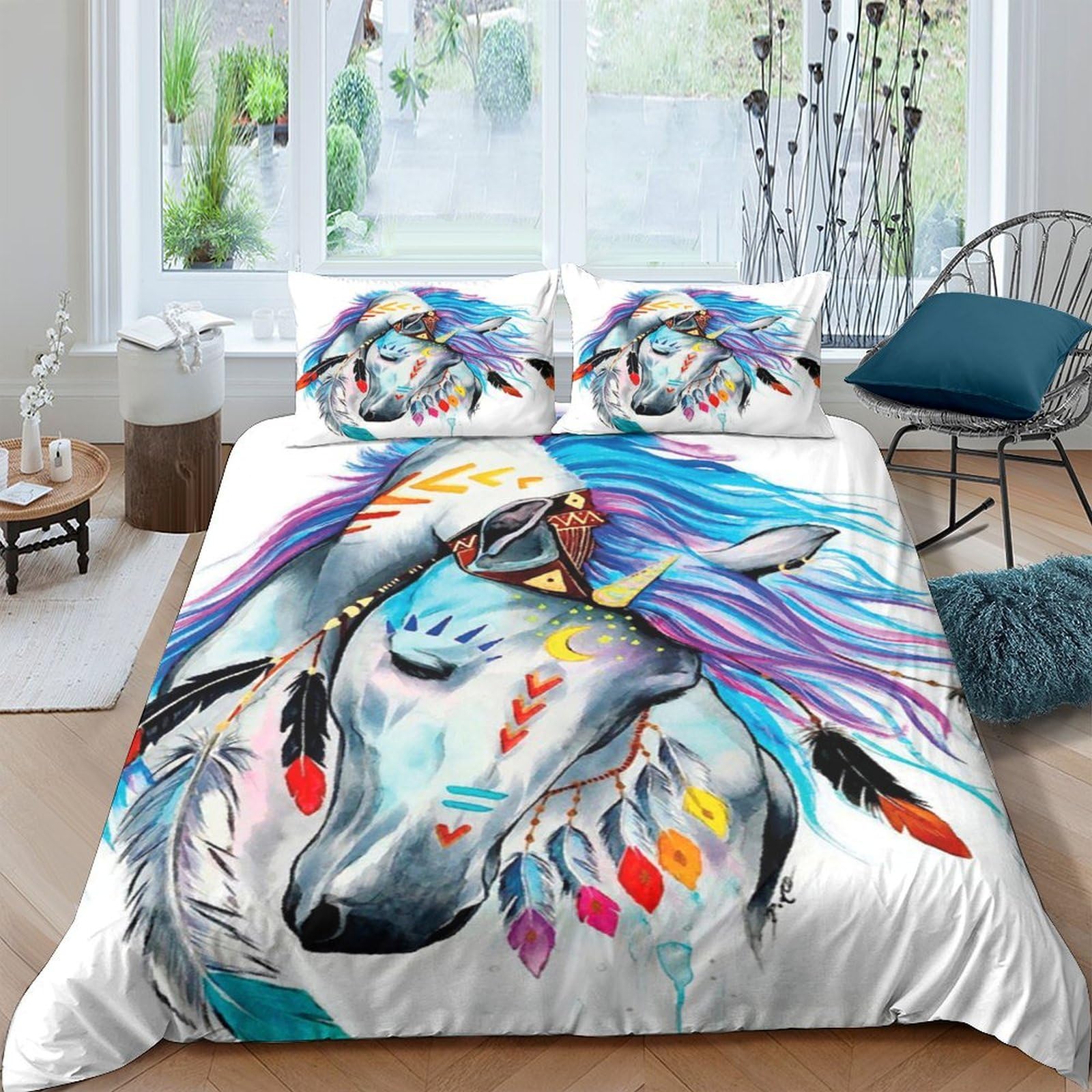 Ctjqhvkz Style-2 3D Printed Boho Feather Horse Fitted Sheet Microfiber Soft Bed Sheet For Bedroom Dorm Mattress Decor Single（135X200cm）