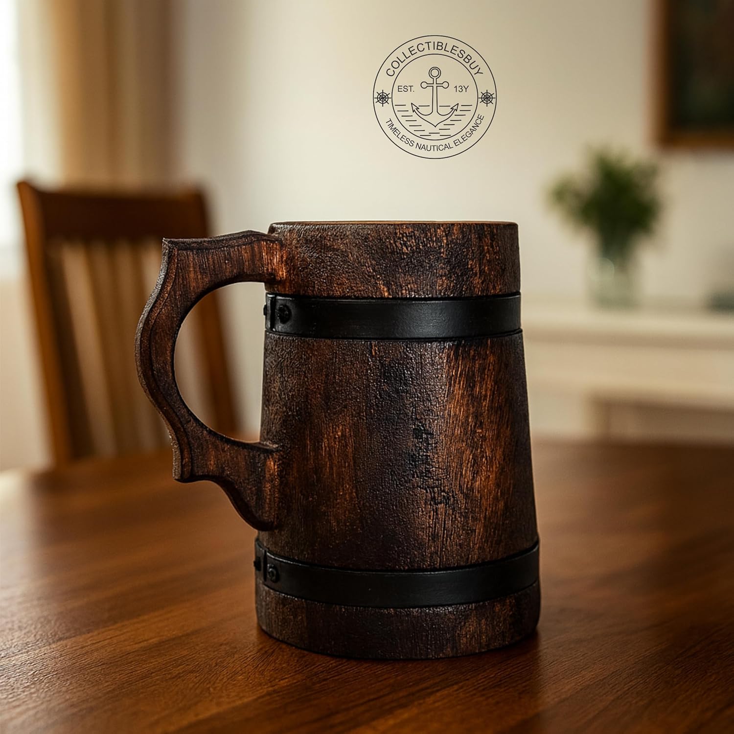 Handcrafted Rustic Wooden Beer Mug Viking Style Tankard Brown Vintage Wood Stein for Ale, Coffee, or Beverage Medieval Gift for Men & Party Toasts