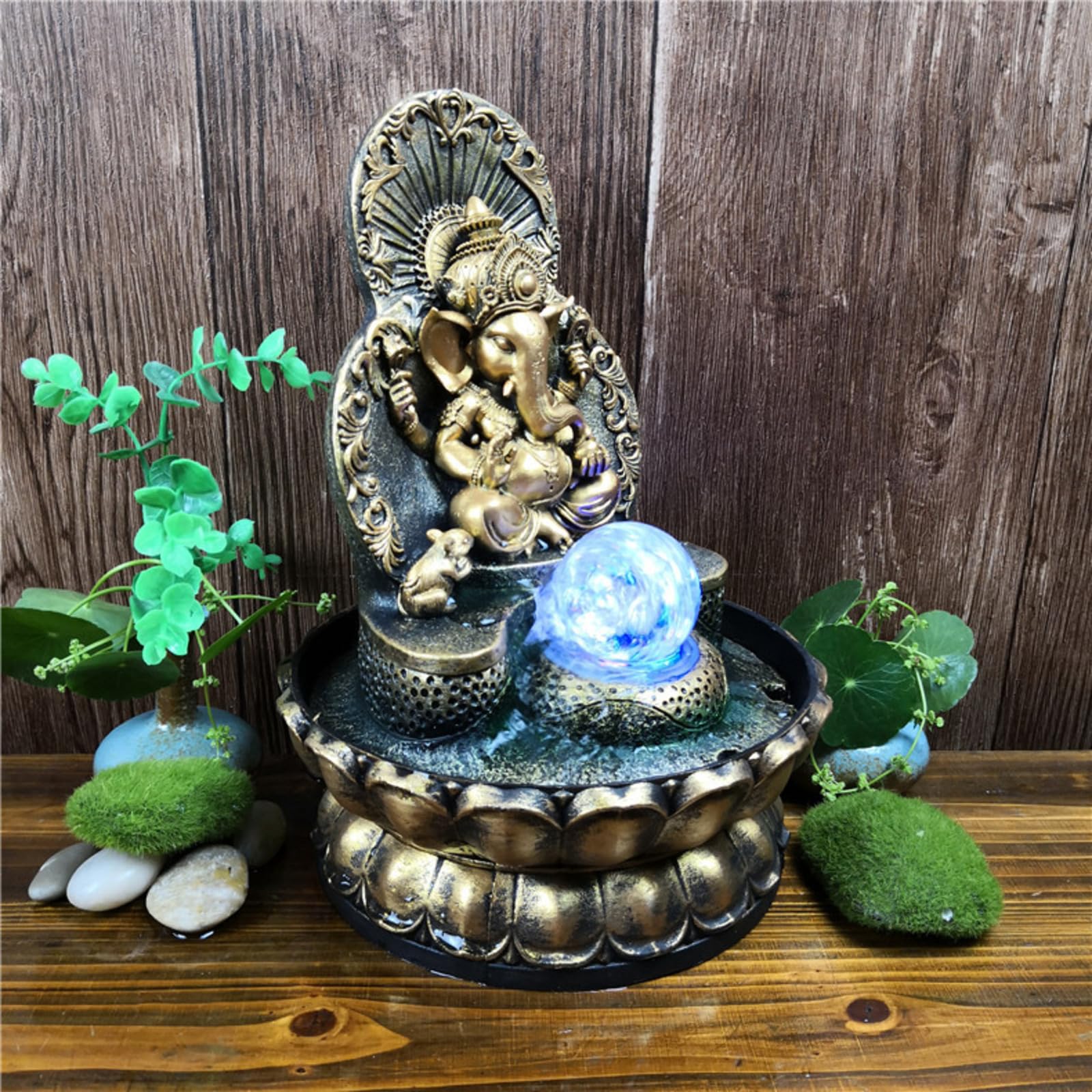 Fontaine Ganesh élégante - Fontaine d'intérieur et d'extérieur avec boule de cristal LED - Design en résine résistante aux UV et à la pluie