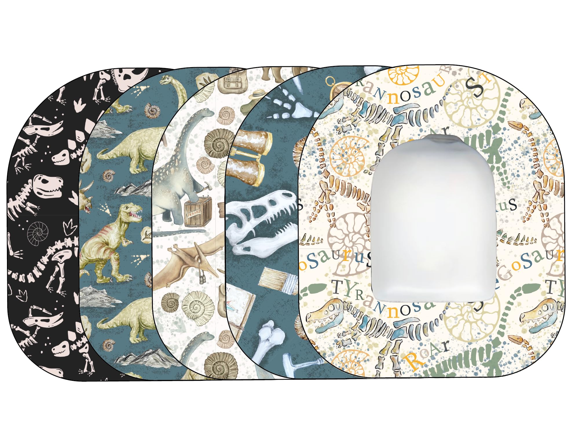 Glucomart Adhesive Patches for Omnipod 5 - Waterproof Cover and Protect Your Omnipods - Non-Fraying Woven No-Lift Premium CGM and Omnipod Patches - 5-Count Omnipod Overpatches, OP5DINO