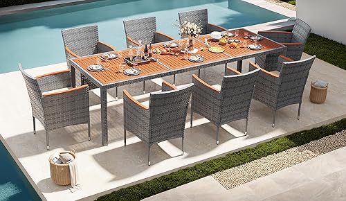 Miniatura 8 de Devoko Juego de 5 muebles, conversación de patio con parte superior de madera de acacia, mesa de comedor al aire libre de ratán y sillas para patio