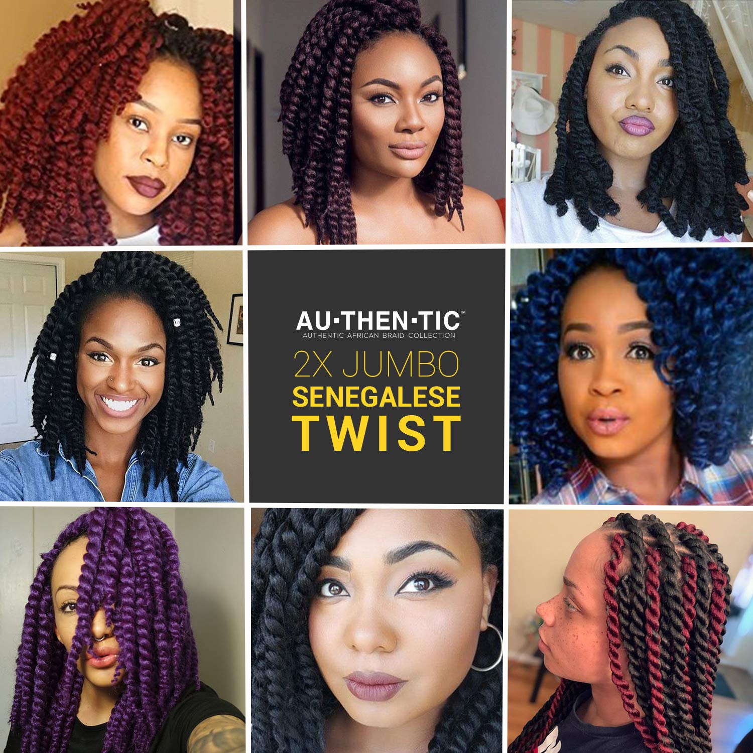 AU-THEN-TIC Jumbo Senegalese Twist Crochet Hair, 12 Inch, 6 Pack, Synthetic Extensions for Havana and Mambo Twist Styles, (1, Jet Black)