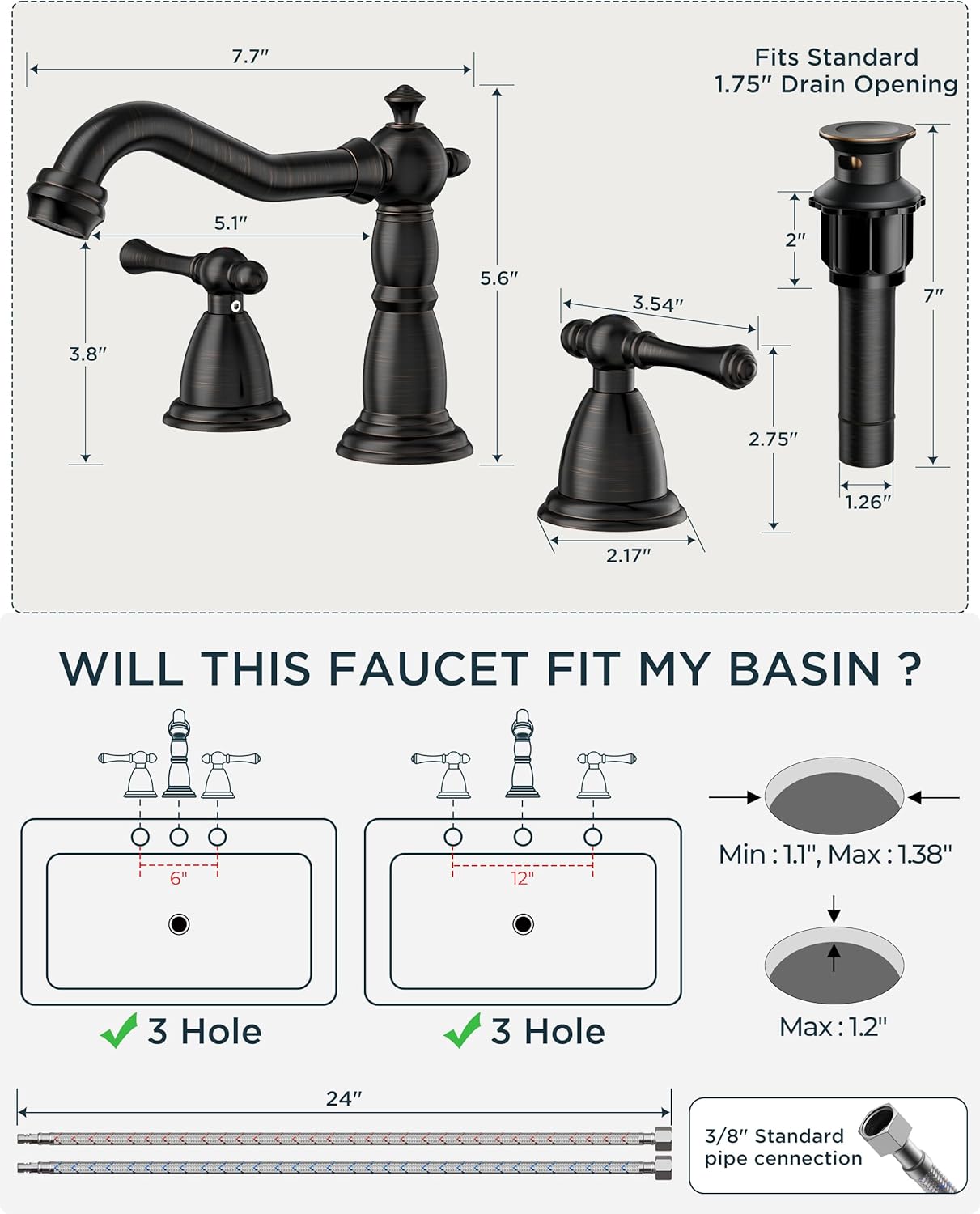 FORIOUS Bathroom Sink Faucet 3 Holes, 2 Handle Widespread Faucet for Bathroom Sink with Pop-Up Drain and Water Supplies for Commercial Vanity Lavatory Restroom Farmhouse (Oil Rubbed Bronze)