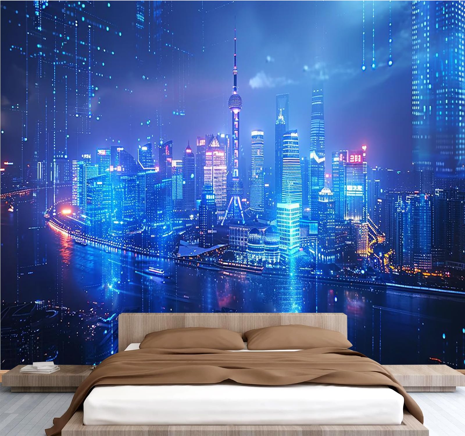 Carta da parati effetto 3D Città Moderna 350 x 256 cm Murale Non Tessuto Vista Notturna Fotomurale Stampa HD Moderna Poster Per Soggiorno E Camera Da Letto Design 2M1749