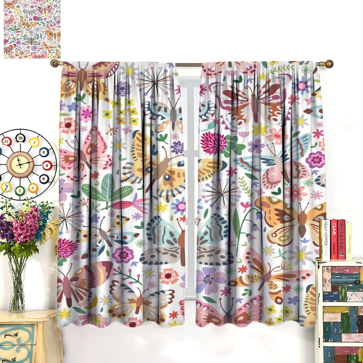 Butterfly Blackout Curtains for Kids Room,Colorful Painting Art Cartoon Fun Butterflies Flowers Plants Aesthetics Print Rod Pocket Window Treatments Drapes for Bedroom Kitchen Living Room 42"W X 63"L