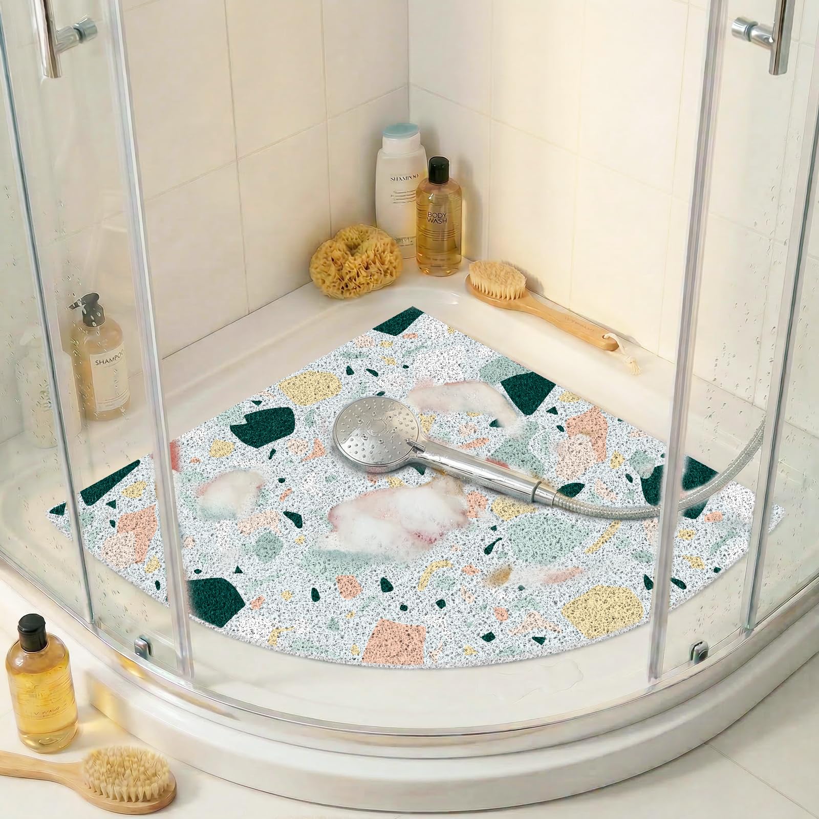 BLESWIN Corner PVC Loofah Shower Mat Quick Dry 71 x 71 CM Pastel Terrazzo