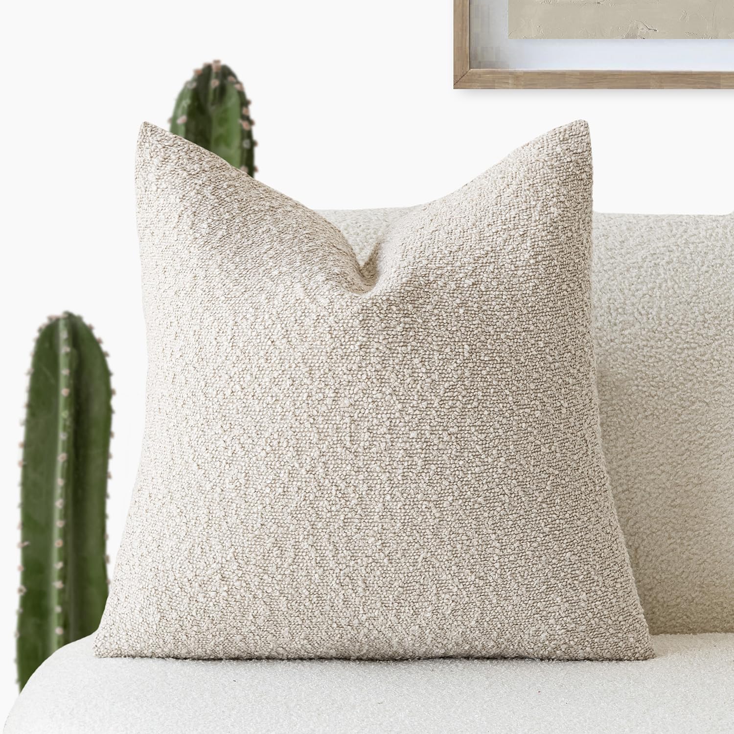 Foindtower Textured Boucle Throw Pillow Covers Accent Solid Pillow Cases Cozy Soft Decorative Couch Cushion Case for Chair Sofa Bedroom Living Room Home Decor, 20 x 20 Inch,Light Beige — image 1