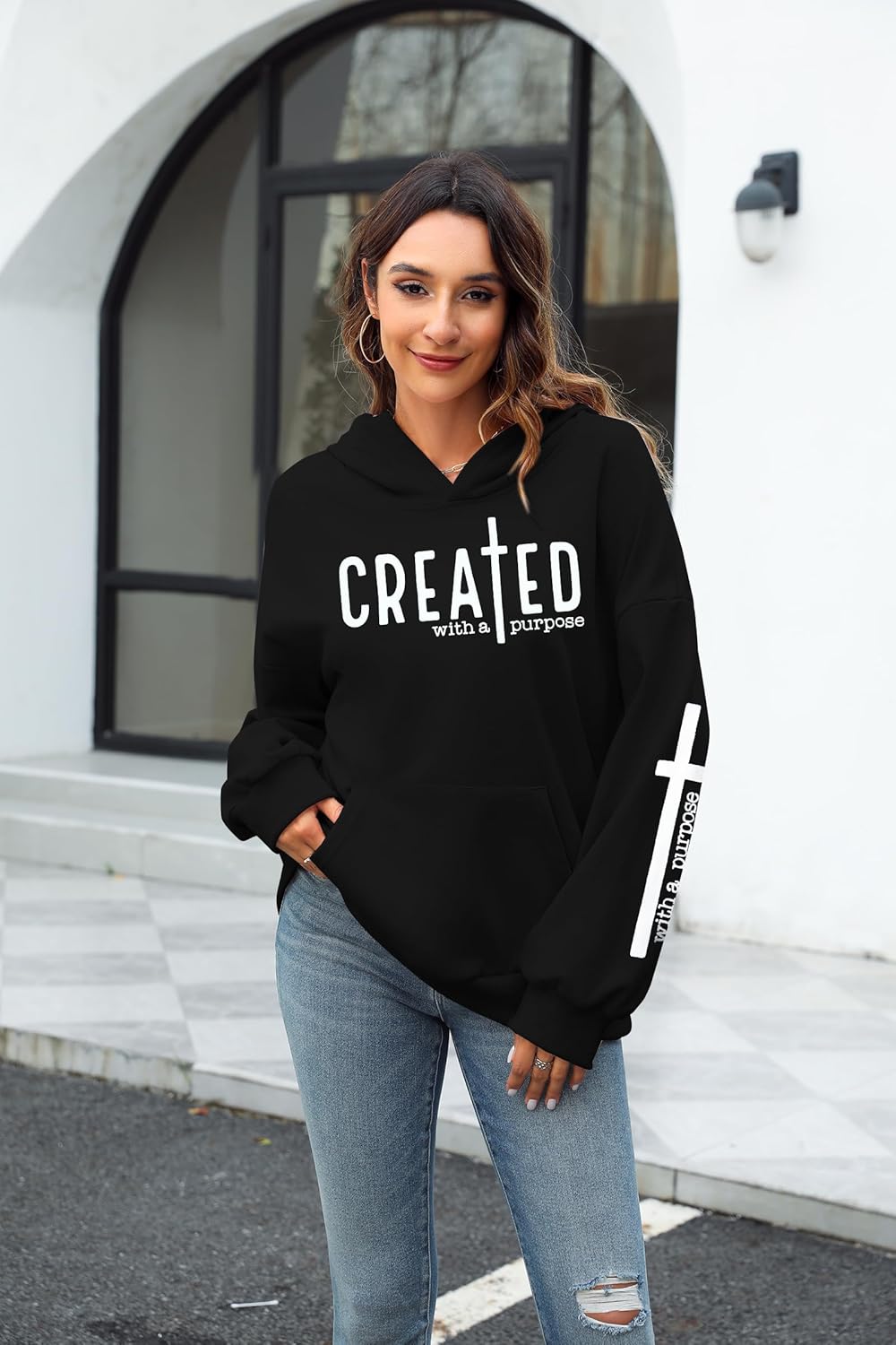 EGELEXY Created with a Purpose Hoodie Christian Sweatshirt for Women Religious Faith Shirt Bible Lightweight Pullover - Image 4