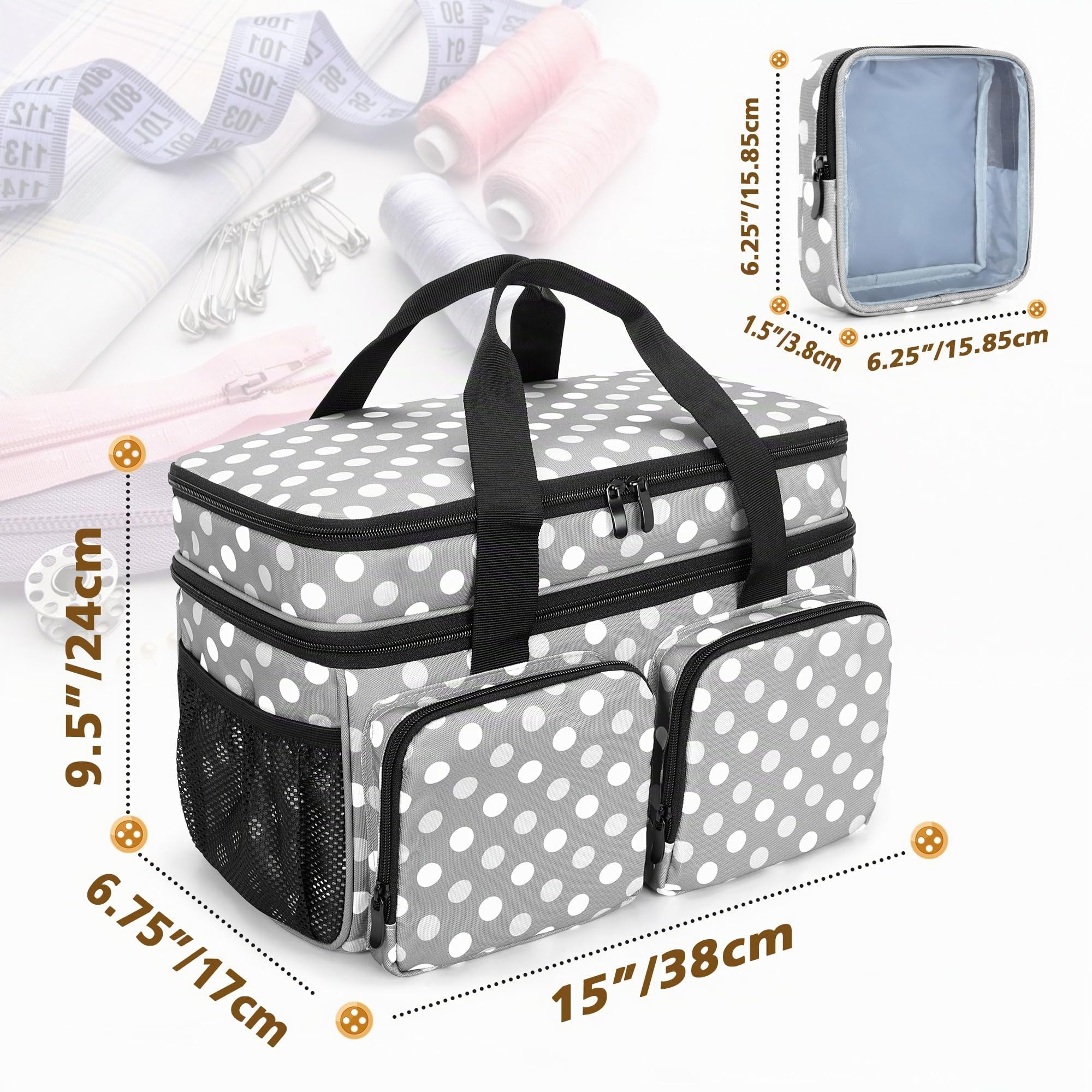 BAFASO Sac pour Kit de Couture, Boite a Couture Double Couche, Points Gris | Organisateur pour Accessoire Couture avec 1 Pochette et des Séparateurs Amovibles, (Aucun Accessoire)