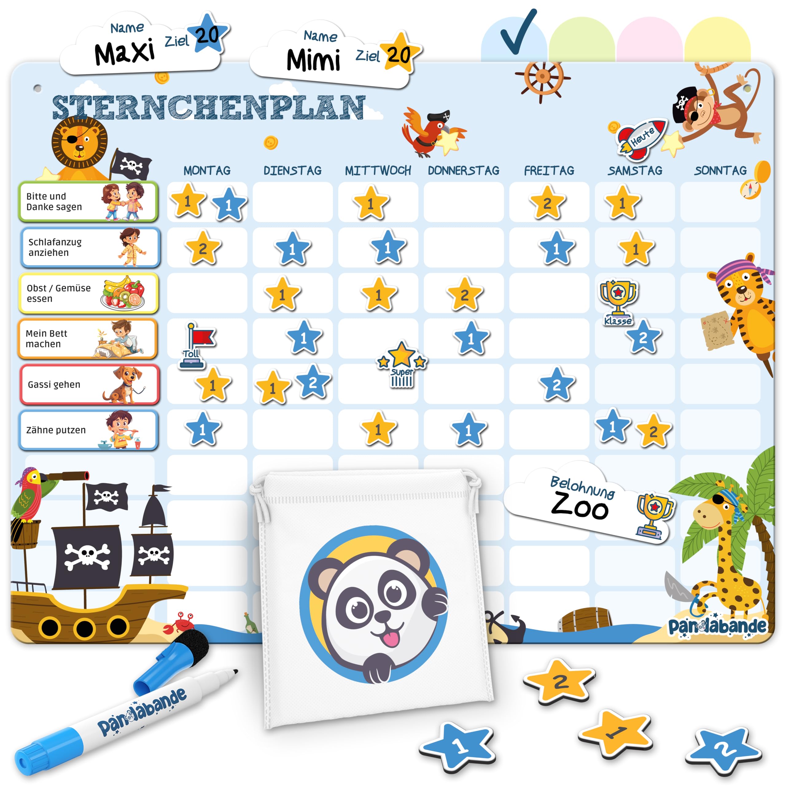 »PANDABANDE« Belohnungstafel Kinder [100 Aufgaben, 200 Sterne, 1-2 Kinder] - Belohnungssystem für mehr Verantwortung - Idealer Aufgabenplaner Magnetisch (Piraten)