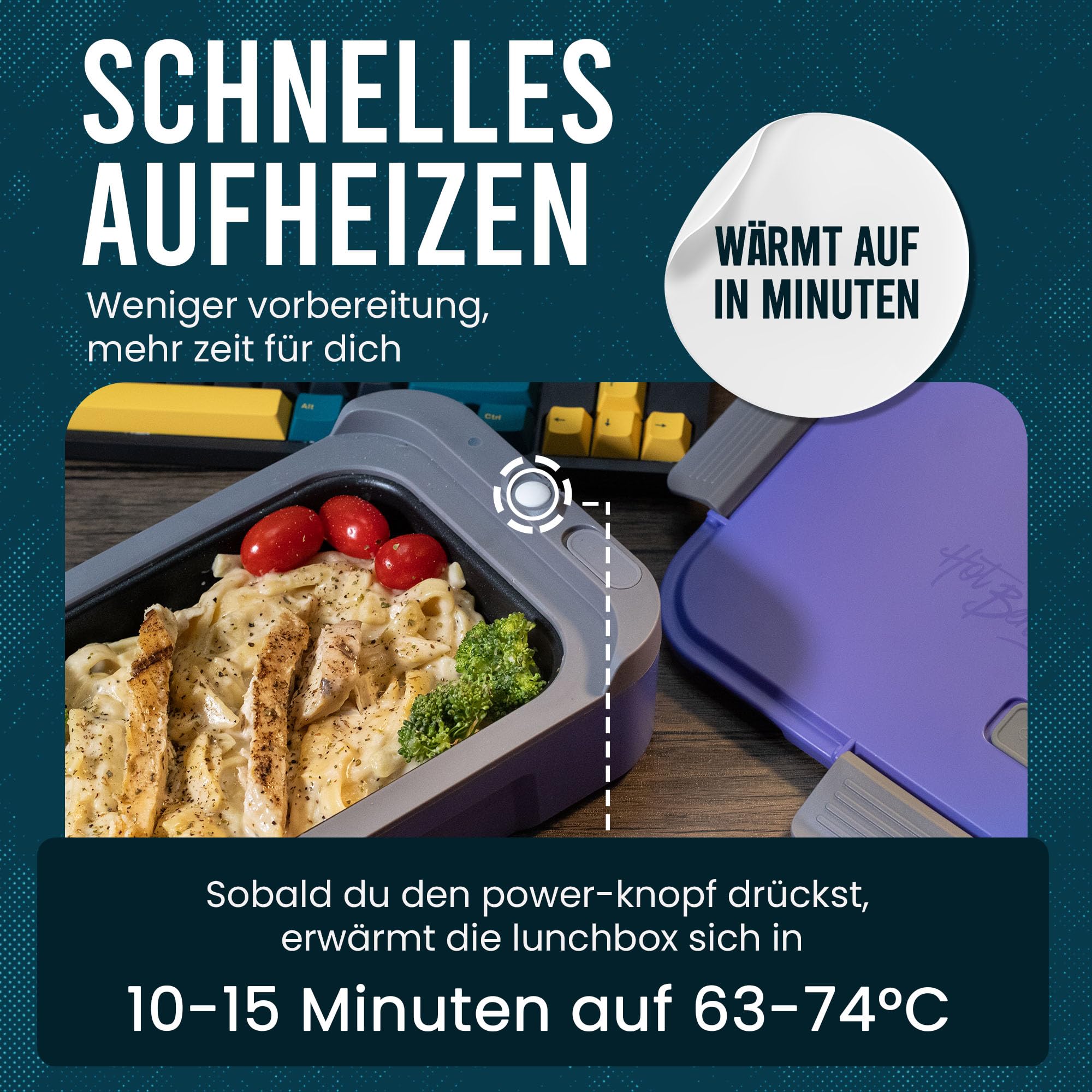 Hot Bento - Lunchbox für Erwachsene mit Batterie zum Erhitzen von Essen - Für Büro, Schule, Reisen und Outdoor - Essensbox für Meal Prep, Leicht zu Reinigen, Aufladbar über AC Kabel - Very Peri
