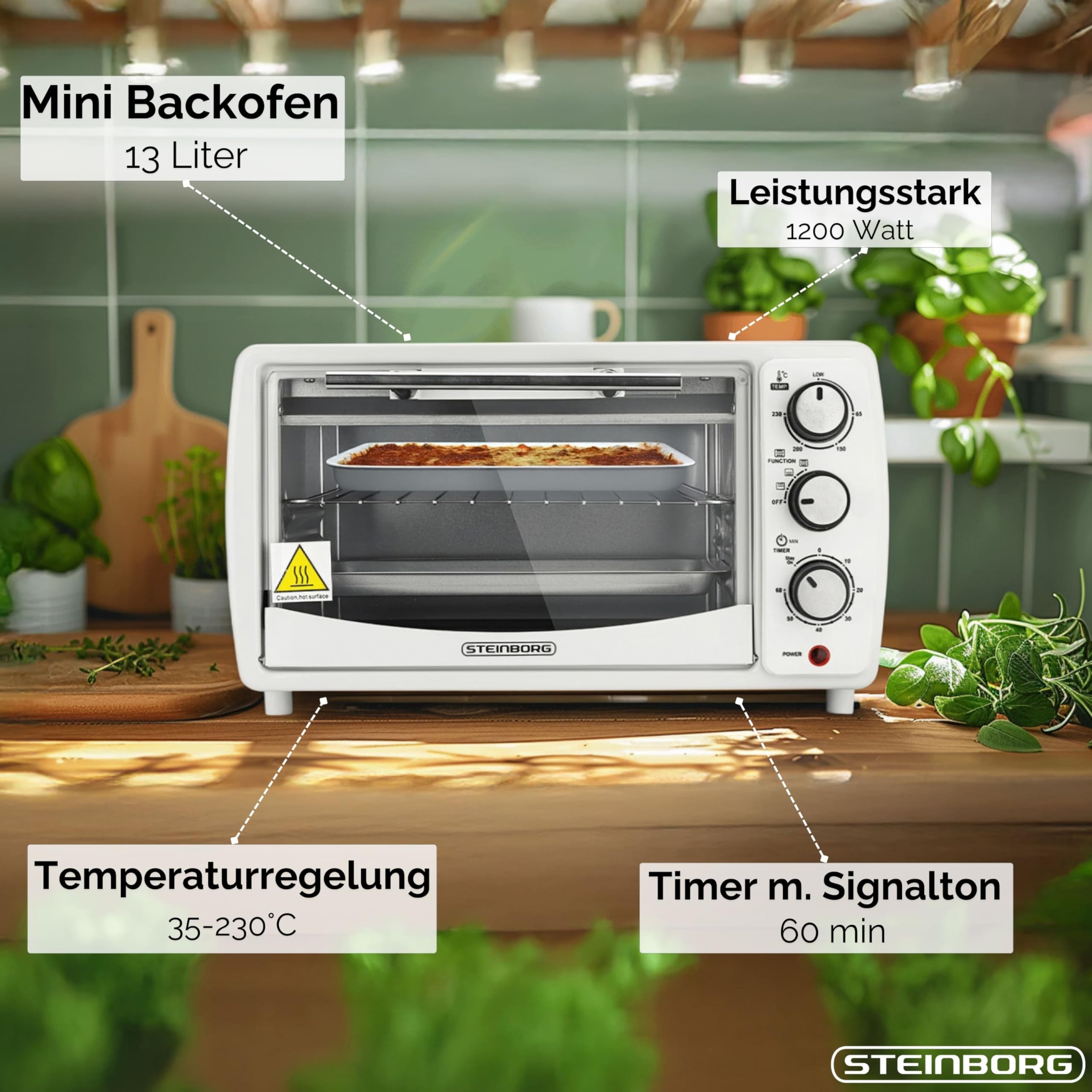 Mini Backofen 13 Liter 1200 Watt Pizzaofen 65°-230°C Timer aufklappbares Krümelblech Minibackofen Kleiner Oven
