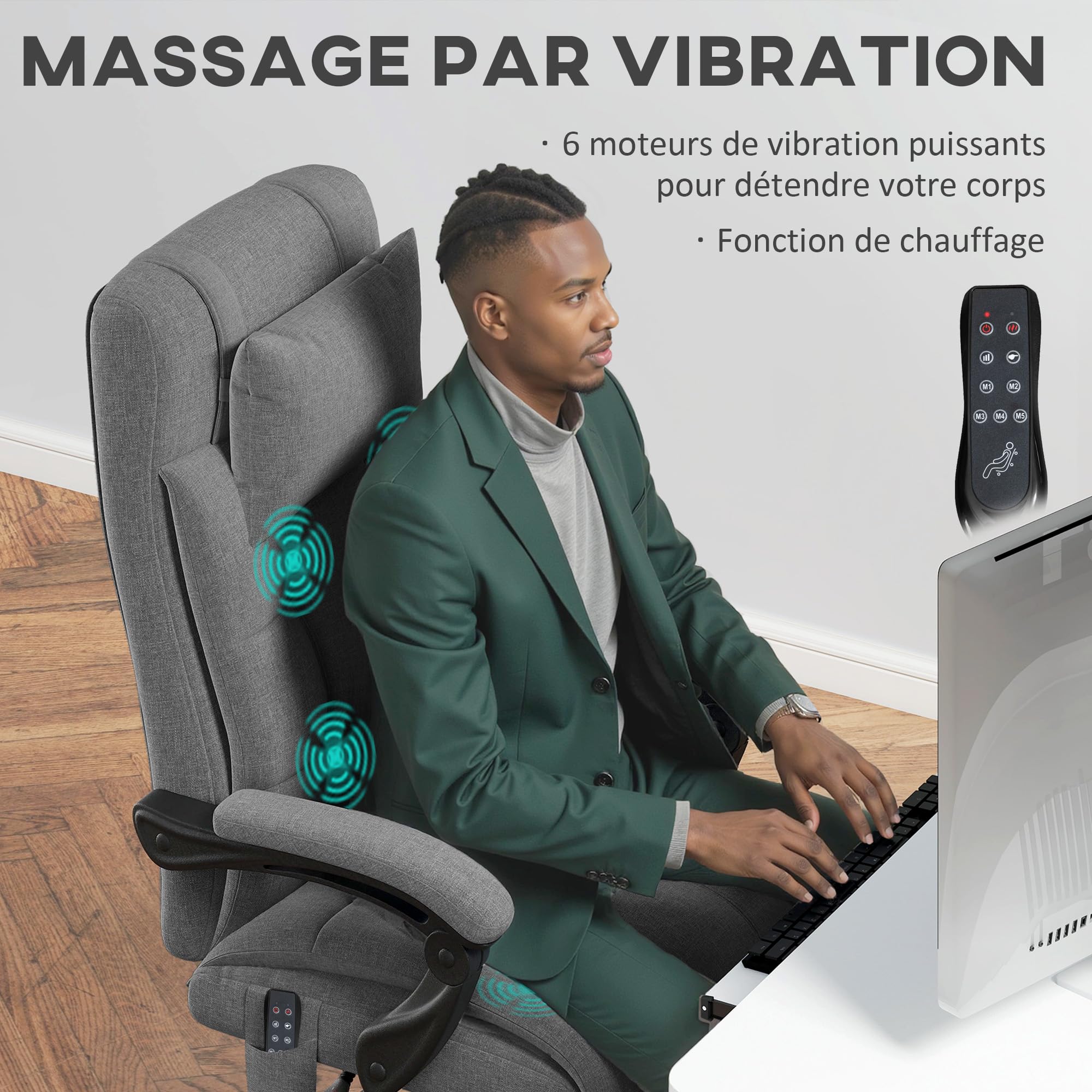 Vinsetto Fauteuil de Bureau Ergonomique avec Massage Chauffant Gris