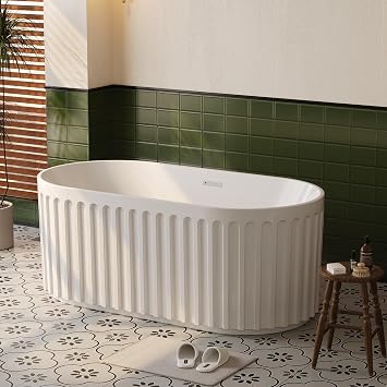 59 in Freestanding Soaking Bathtub with Striped Design, Acrylic Bathroom Tub Includes Overflow Cover Pop-Up Drain Hidden Drainage System, Easy Installation, CUPC Certified, Glossy White Finish