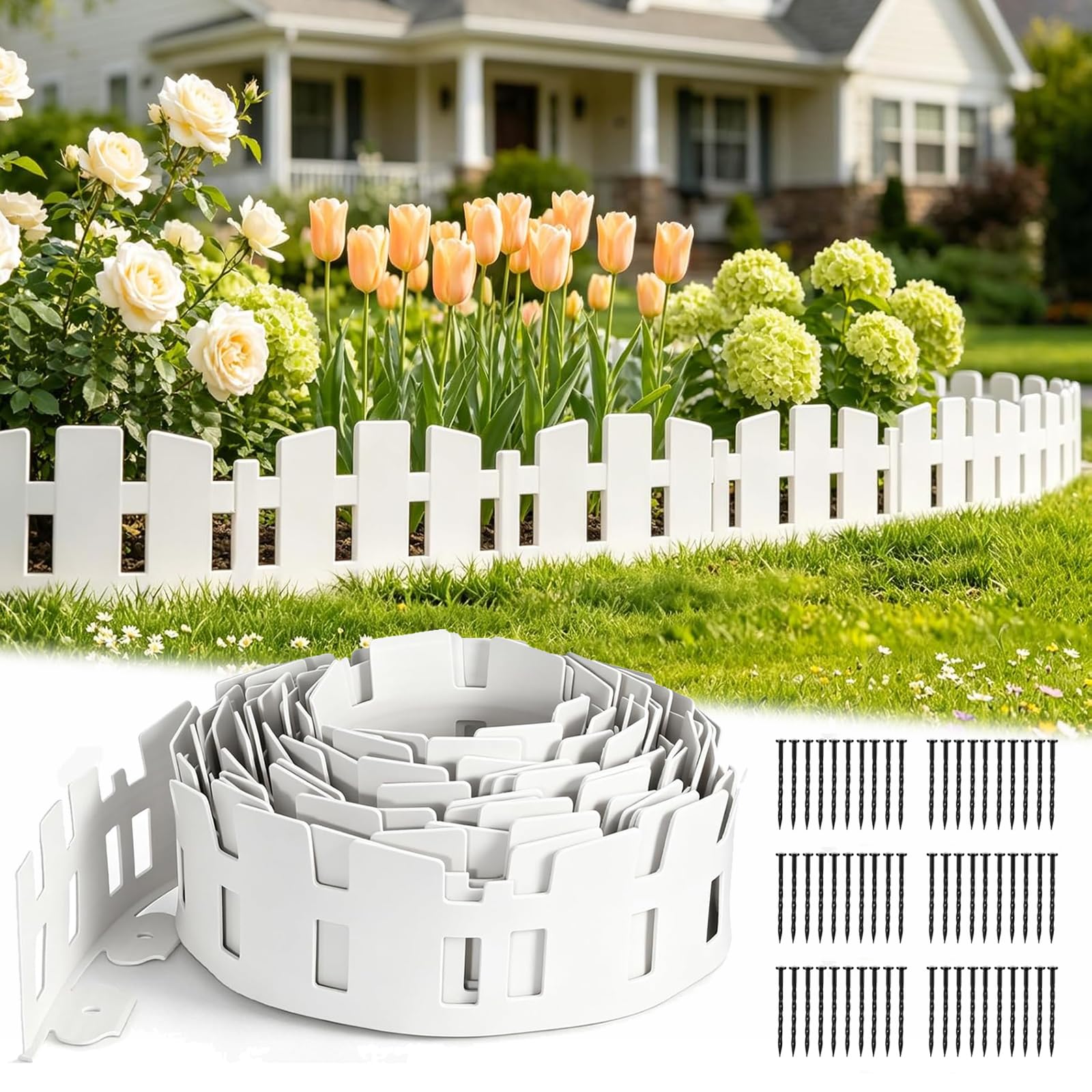 Lawn Edging,10m Garden Edging Border With 60 Pegs, 12cm High, Garden Edging Border Plastic, Trimmable & Flexible Border Edging For Grass Edging, Path Edging,Flower Beds Edging, Lawns And Pathway