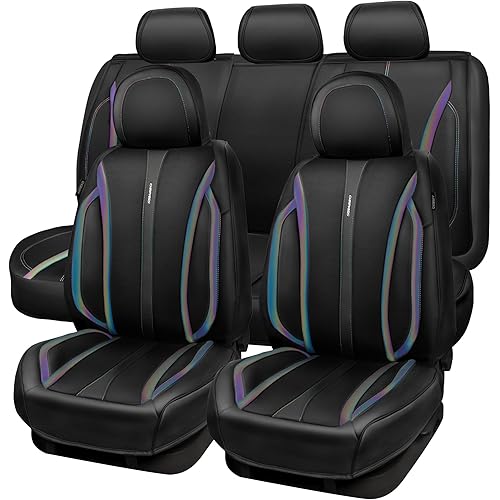 CAR Pass Nappa Leather Car Seat Covers, Durable Waterproof Luxury Universal for SUV Pick-up Truck Sedan, Anti-Slip Driver 5 Seats Covers Full Set with Backrest (Black Chameleon Iridescent Reflective)