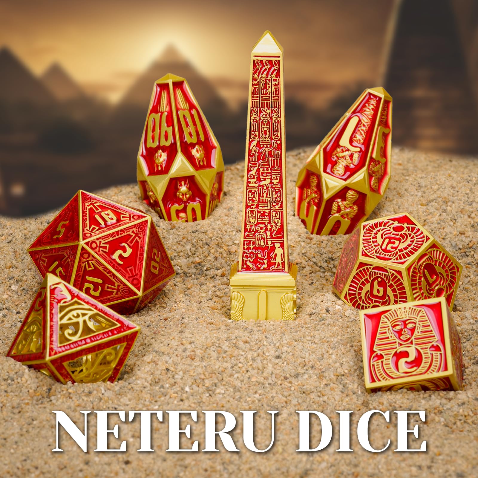 Neteru Lot de 7 dés ajourés en alliage de zinc – D4-D20 – Dés en bronze antique pour jeux de table Donjons et Dragons D&D Pathfinder (rouge doré)