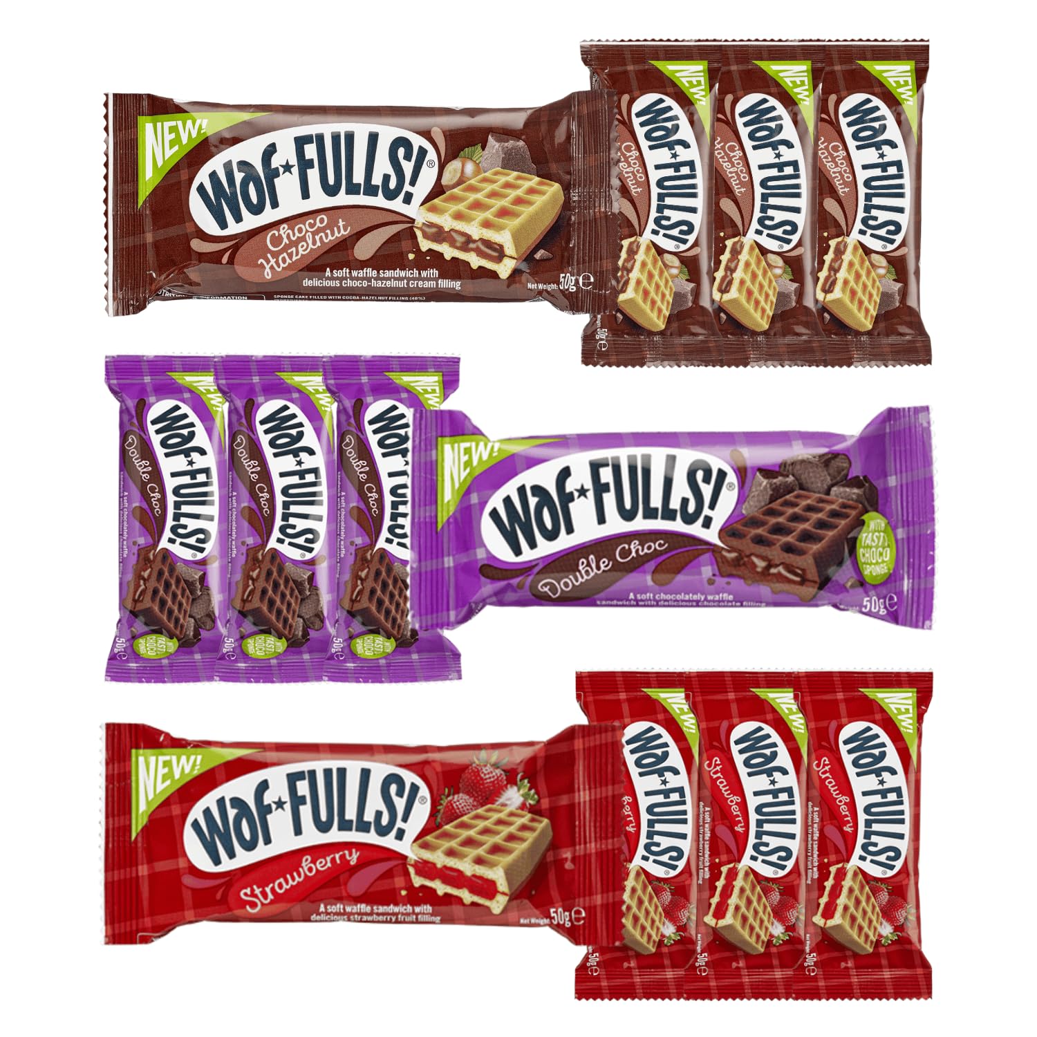 Waffulls Waffle Mix of Choco Hazelnut, Double Chocolate and Strawberry Waffles 12 x 50g, Soft Waffle Sandwich, Breakfast Snack, Ready to Eat Snack Christmas Gifts for Kids