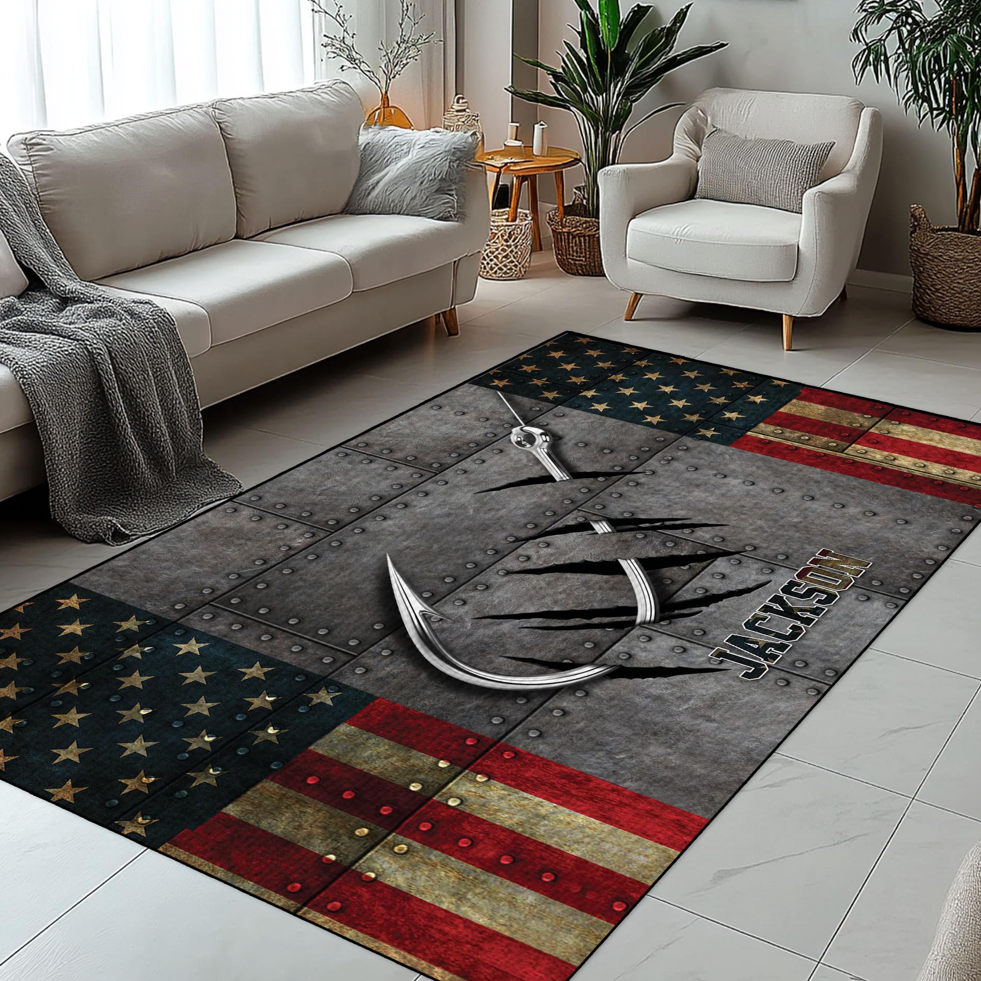 Custom Fishing Area Rug - Indoor Outdoor Carpet for Cabin, Porch, Entryway, Living Room - Personalized Name Hallway Runner Home Decor, Housewarming,