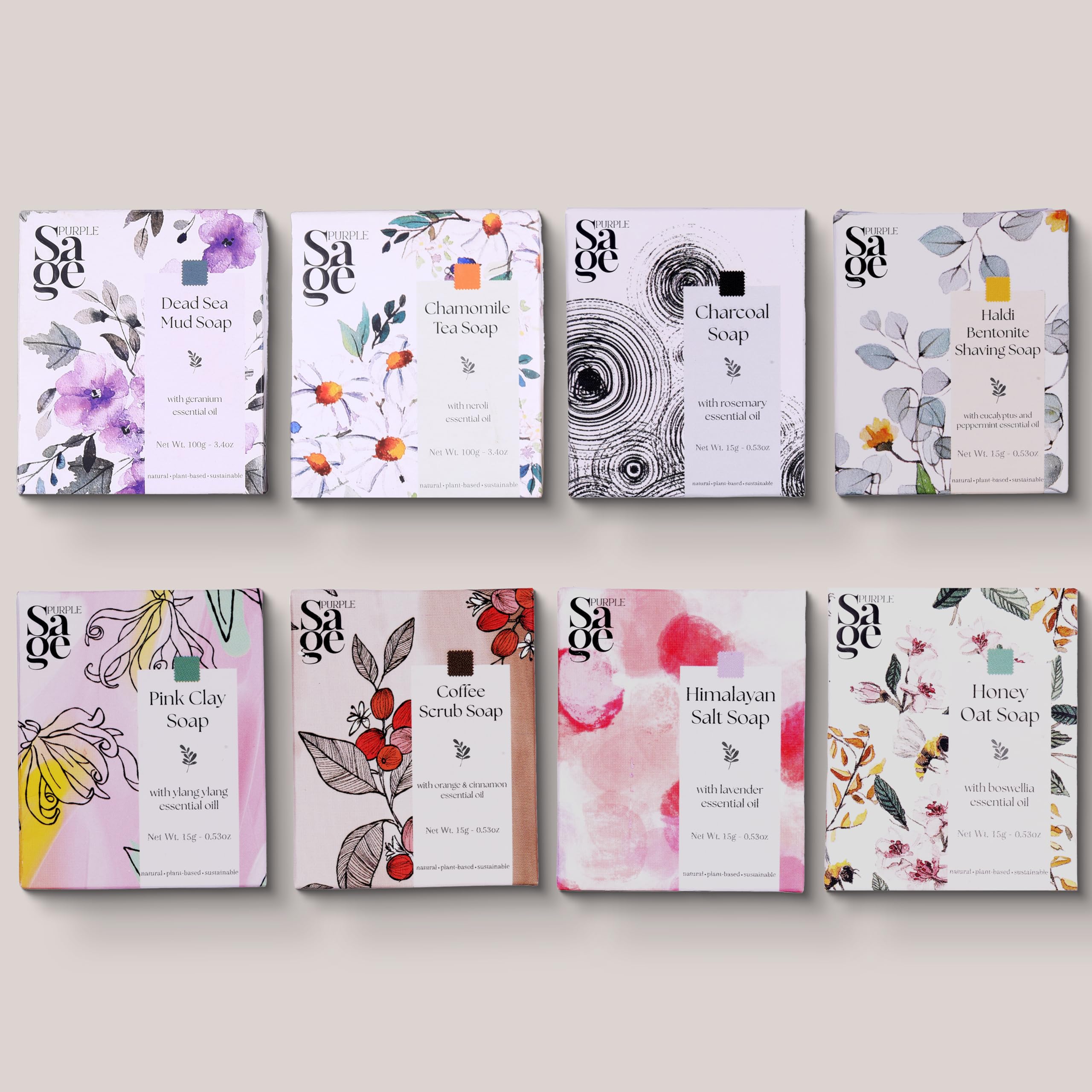 Purple Sage Handmade Soaps Collection- Charcoal, Pink Clay, Dead Sea Mud, Chamomile, Honey Oat, Haldi Bentonite, Himalayan Salt, Coffee Scrub| Pack of 8 (15gm each)| Vegan, 100% Toxin-Free Ingredients | For Men and Women