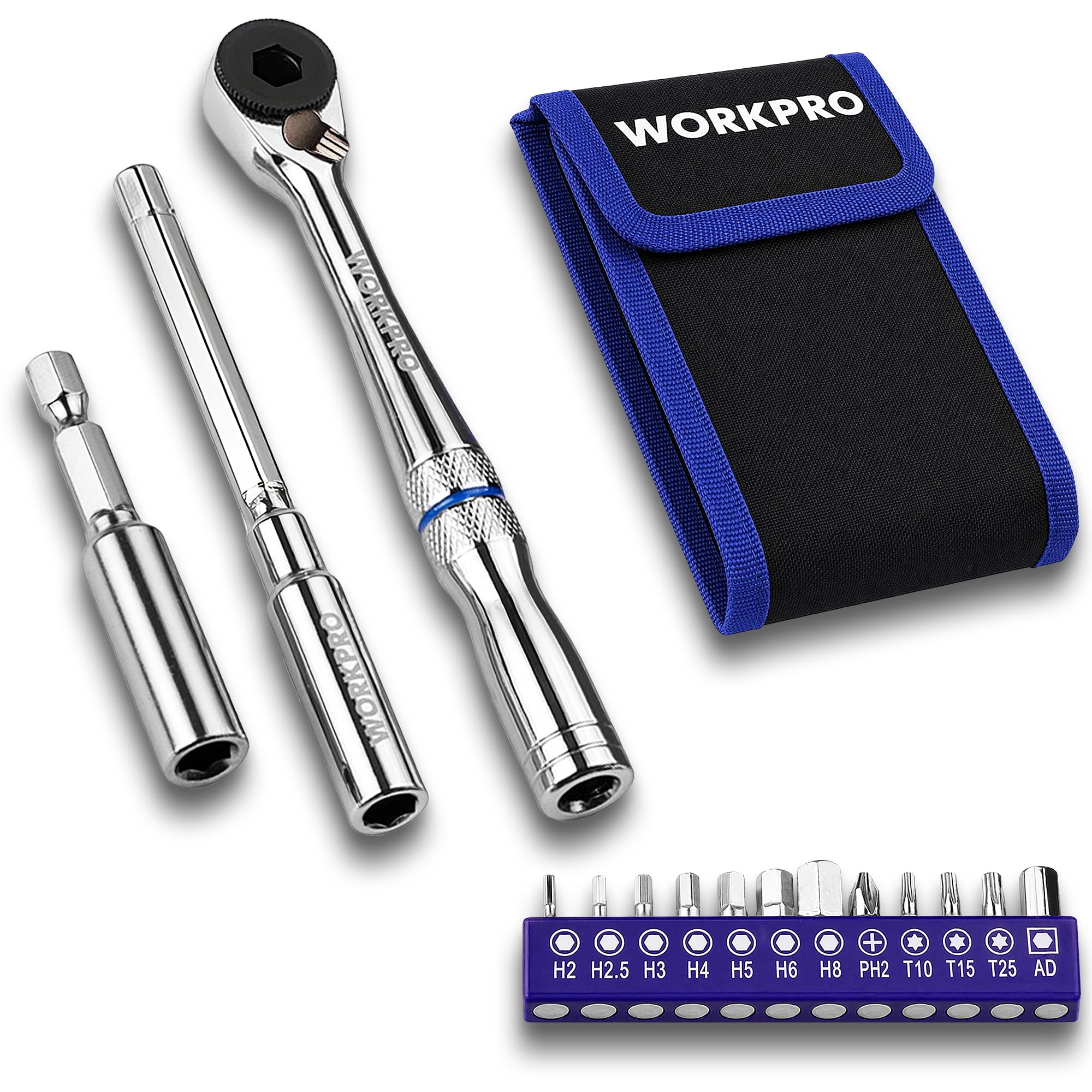 WORKPRO 15-Piece 1/4" Mini Ratchet Set with T-Handle Mode