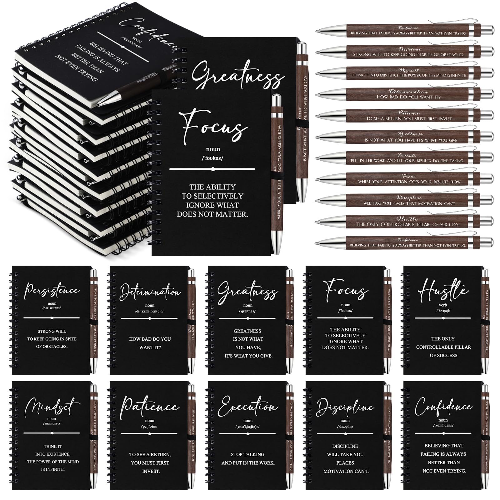 TecUnite 10 Sets inspirierende Spiralnotizbücher, Motivationsstifte, Großpackung, Schulanfang, Notizblöcke, Tagebücher, Bambusstift, Mitarbeiter, Wertschätzung, Dankeschön, Geschenk für Studenten
