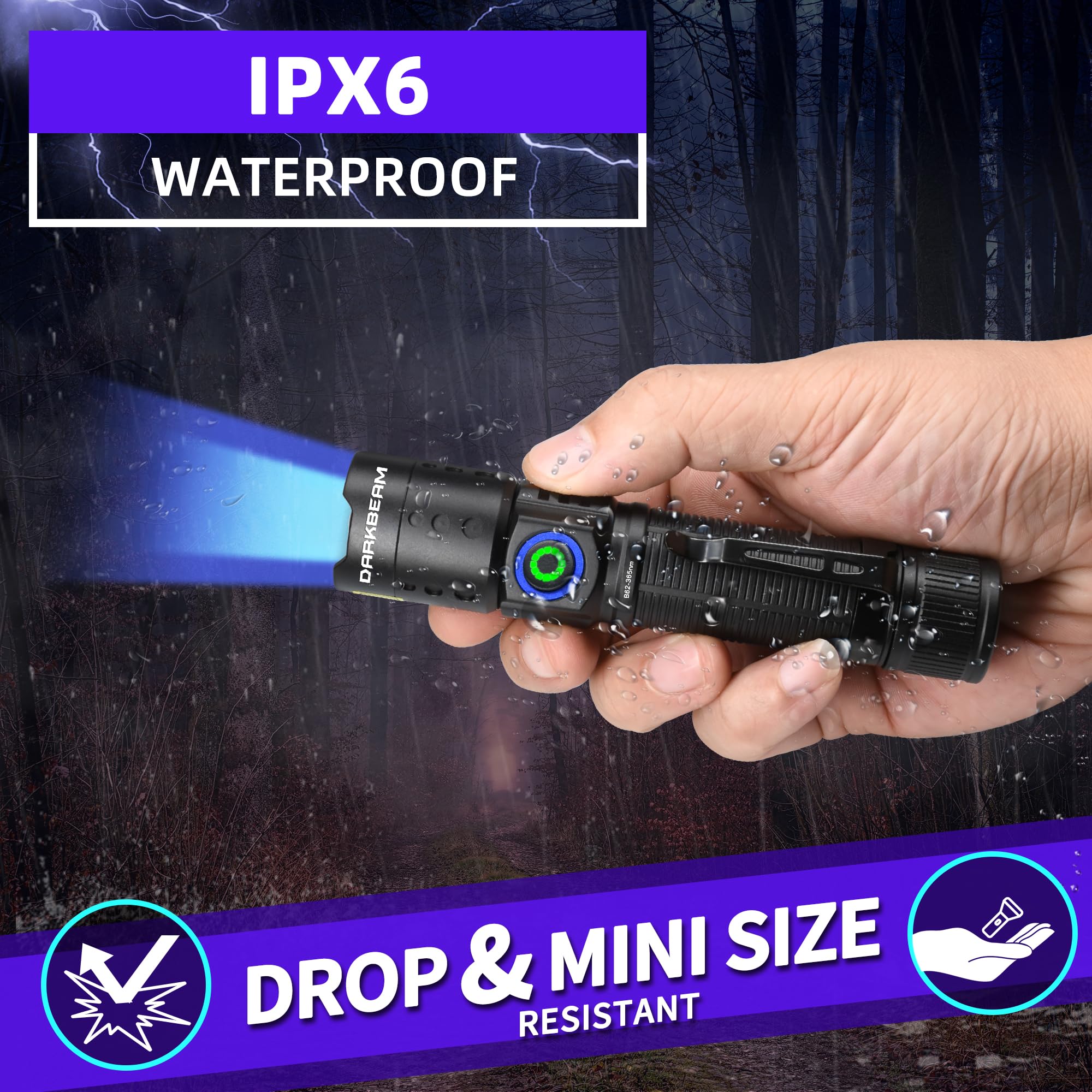 DARKBEAM UV Luz Negra Linterna 395nm - Recargable USB Woods Lámpara, Potente Mini Ultravioleta LED Blacklight Linternas - Curado de Resina, Detector de Mascotas/Gato/Perro Orina, Manchas