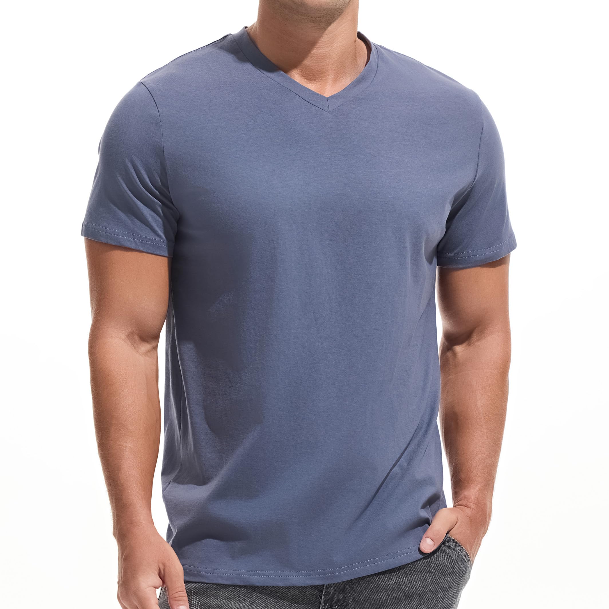 VEIISAR Herren V-Ausschnitt T-Shirt, 190g/m², Regular Fit, einfarbig, Stretch Material, weiches Basic Shirt