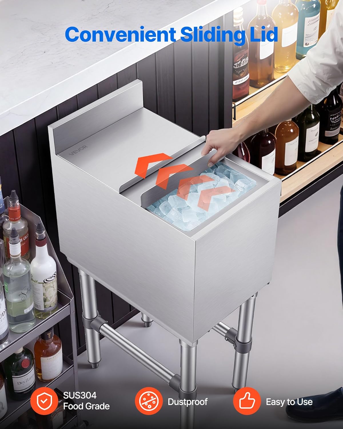 VEVOR Commercial Ice Bin,19 Inch Stainless Steel Ice Chest with Sliding Lid and Bottle Holders, Cooler Cart Cocktail Unit for Bar Restaurant Pub, NSF Certified