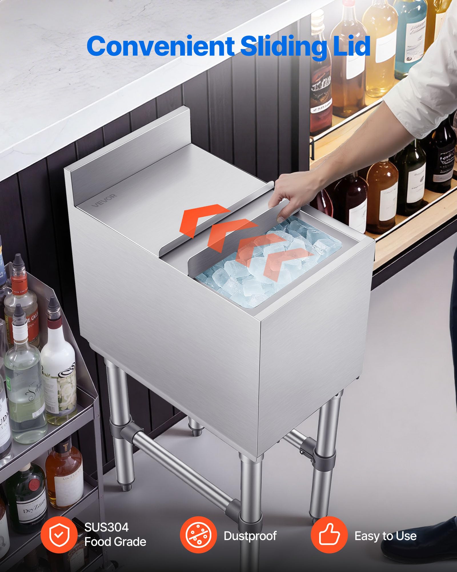 VEVOR Bac à glace commercial de 48,3 cm en acier inoxydable avec couvercle coulissant et porte-bouteille, chariot à cocktails pour bar, restaurant, pub, certifié NSF
