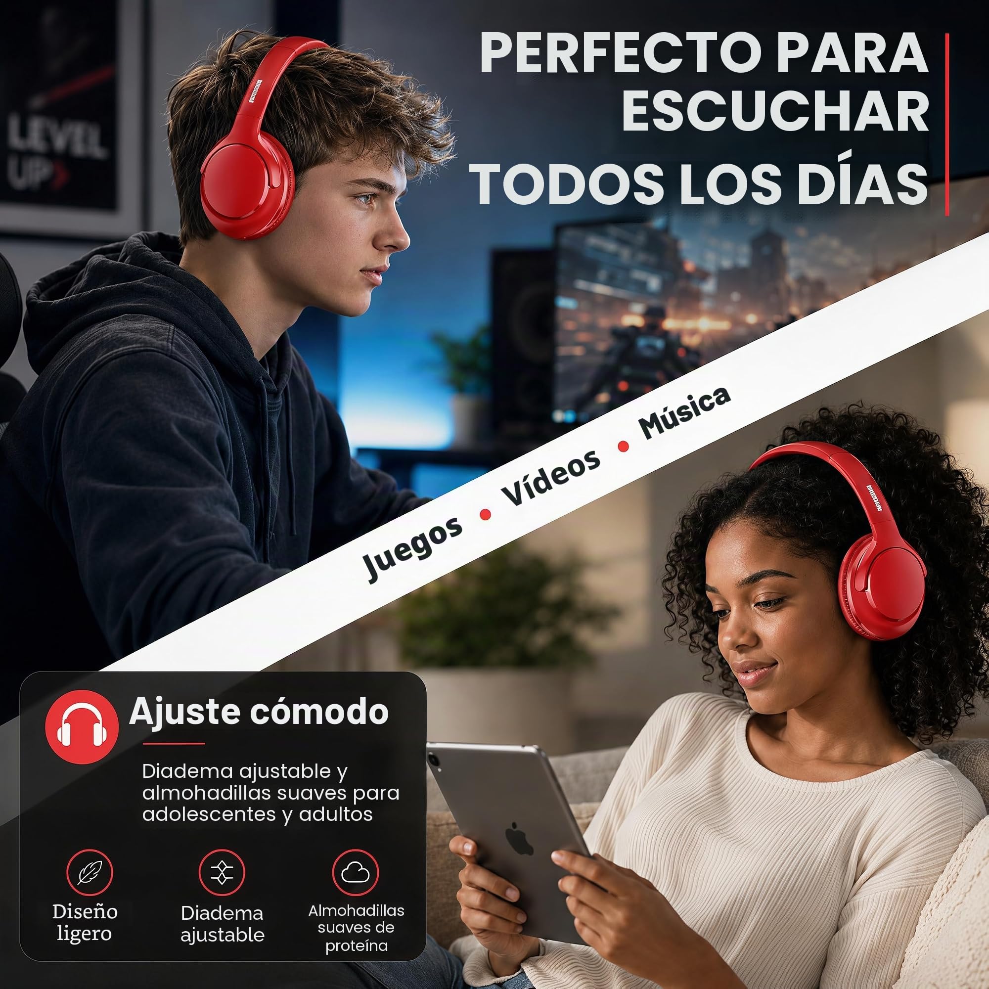 MIDOLA Auriculares Bluetooth sobre la oreja 68H Tiempo de reproducción 6 EQ Auriculares inalámbricos con micrófono HiFi Estéreo Plegable Ligero Deep Bass para Viajes Casa Oficina Teléfono Celular Rojo