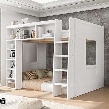 VilroCaz Playhouse Design Queen Size Loft Bed with Built-in Storage Shelves and 2 Windows, Solid Wood Loft Bed Frame with Safety Guardrail for Kids Teens Boys Girls, Space-Saving White-12.9