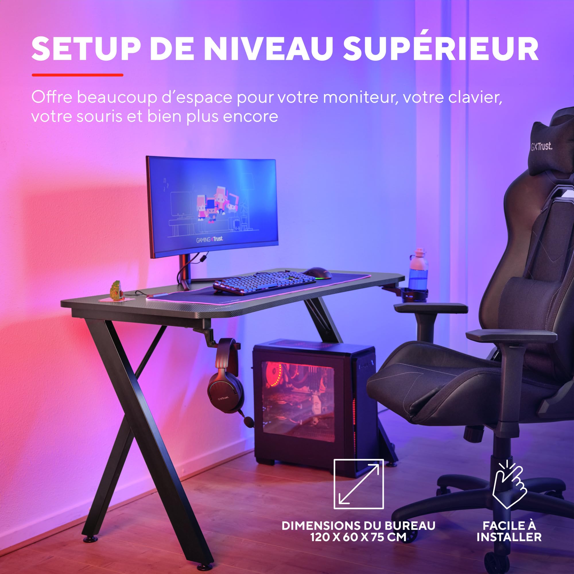 GXTrust Dynamus Bureau 120x60 cm, Table Gamer avec Pieds Métalliques, Noir