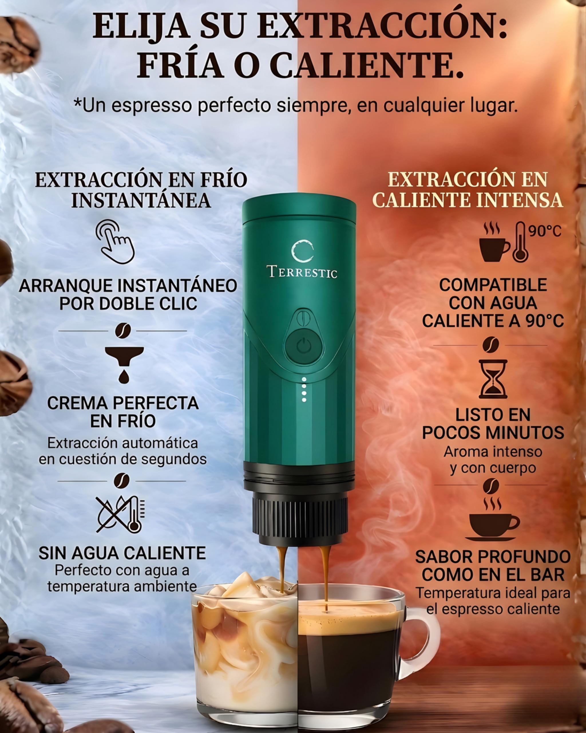 Cafetera expreso eléctrica portátil Terrestic Dose + estuche rígido de viaje - Para café molido y cápsulas Nespresso, funciona con pilas y se carga por USB-C, ideal para coche, camping (Verde azulado)