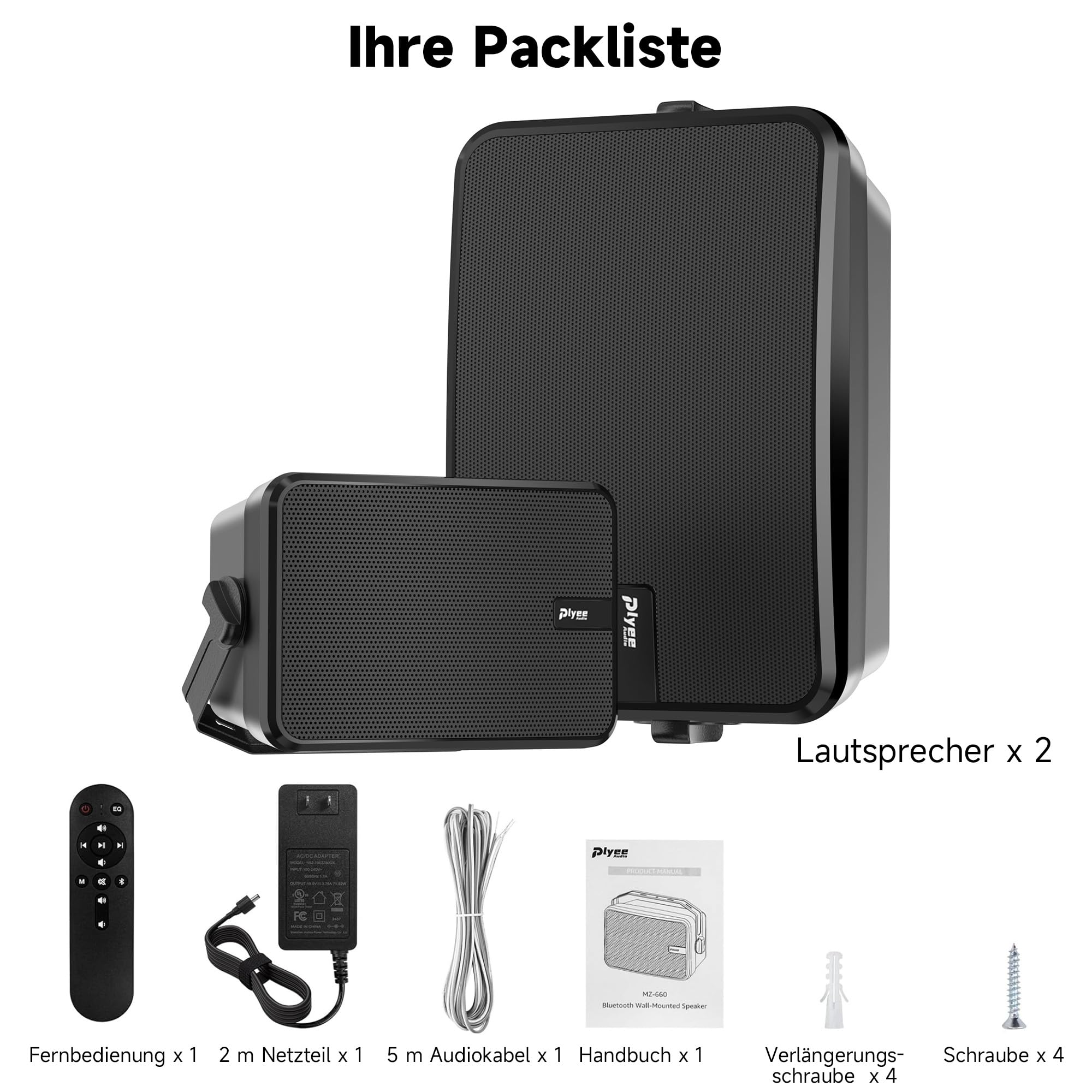 Outdoor Bluetooth-Lautsprecher, Aktiv + Passiv Wandmontage-System, Integrierter Verstärker, AUX-Eingang für Terrasse, Veranda, Pool, Garage, 2er-Pack (MZ-660)