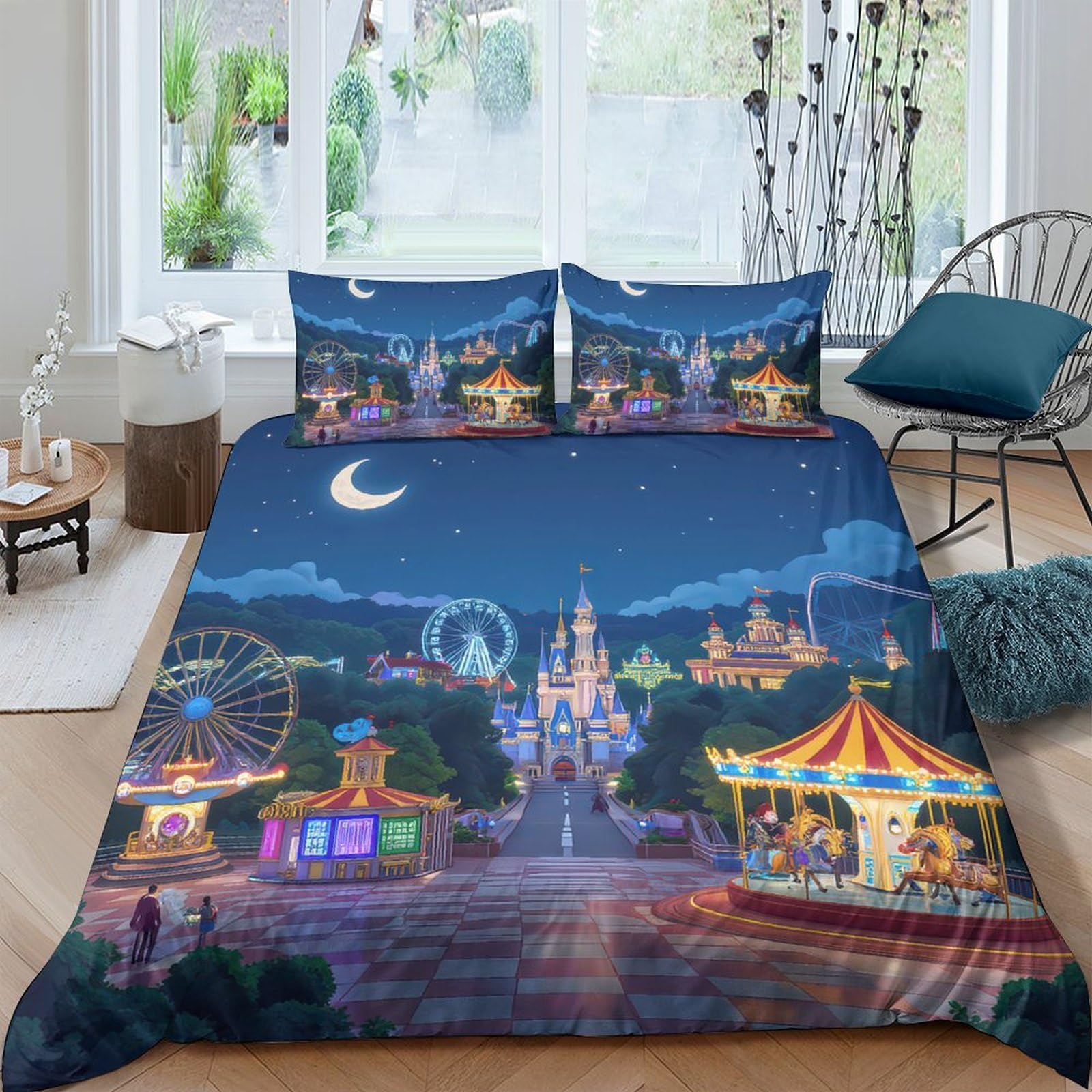 Ctjqhvkz Style-2 3D Printed Amusement Park Night Fitted Sheet Microfiber Soft Carnival Ferris Wheel Mattress Cover For Bedroom Decor Single（135X200cm）